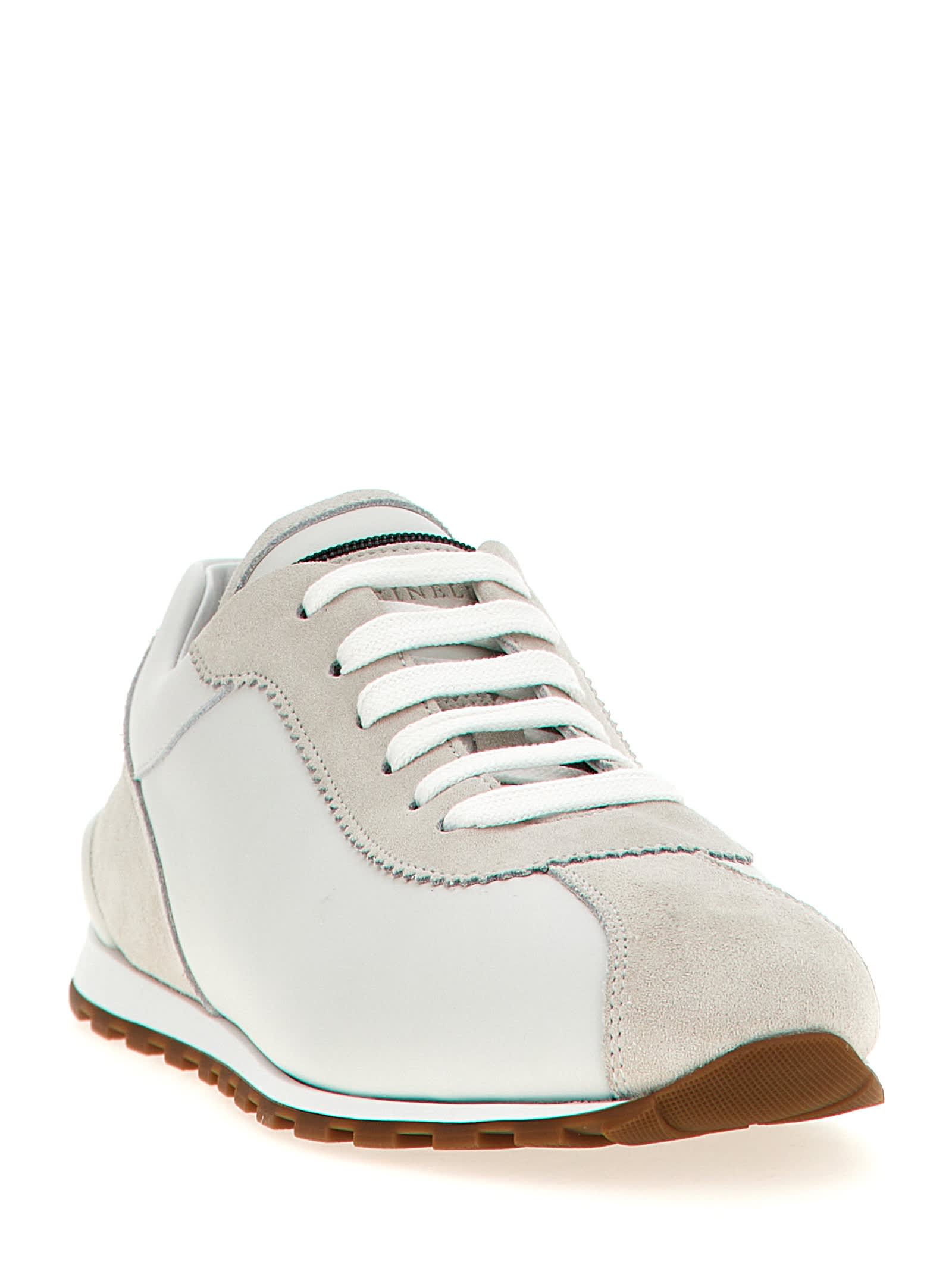 Brunello Cucinelli Embellished Suede-trimmed Stretch-knit Sneakers In Beige