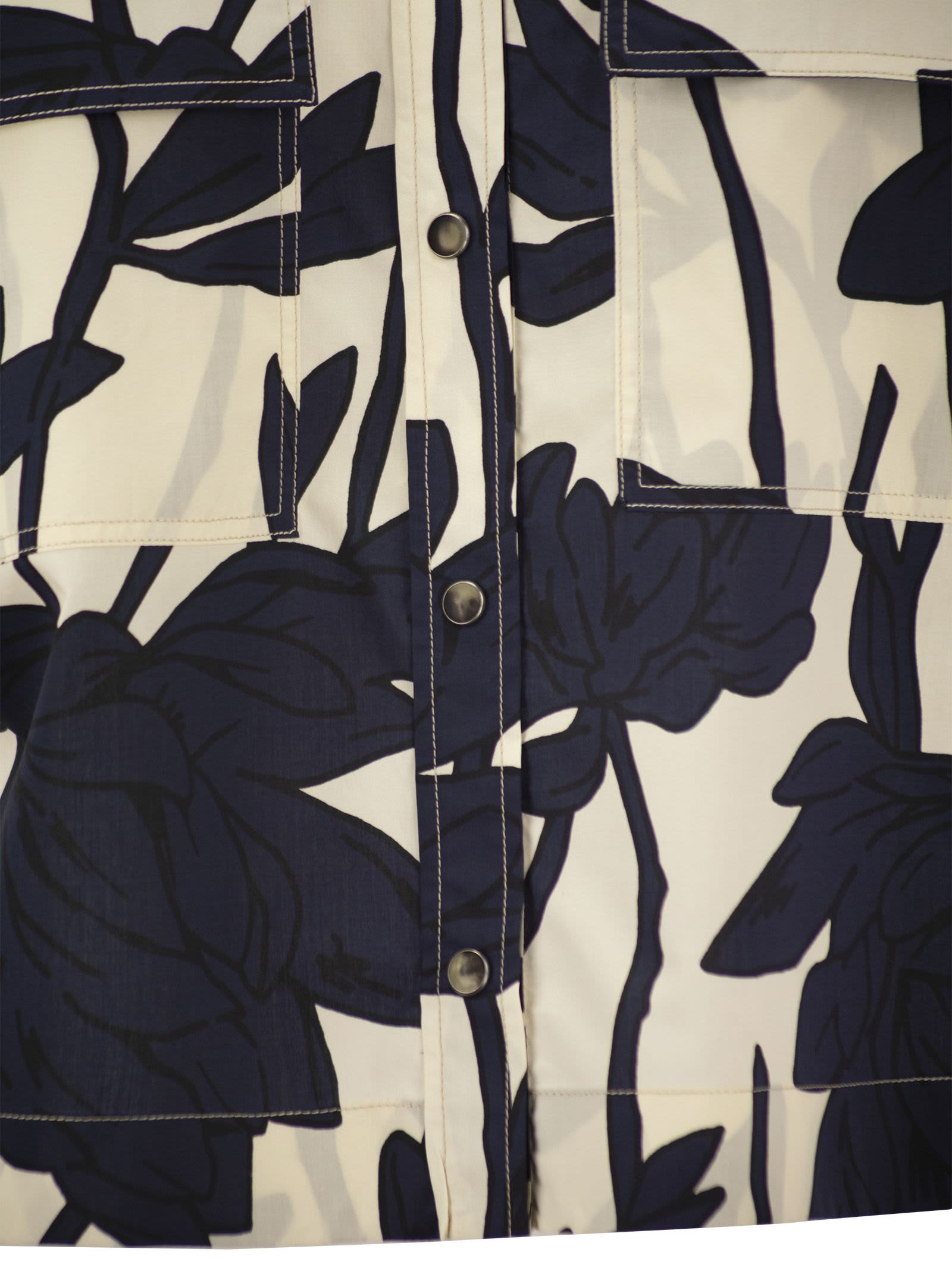 Brunello Cucinelli Ramage Print Cotton Poplin Shirt With Jewellery In Panama/blu