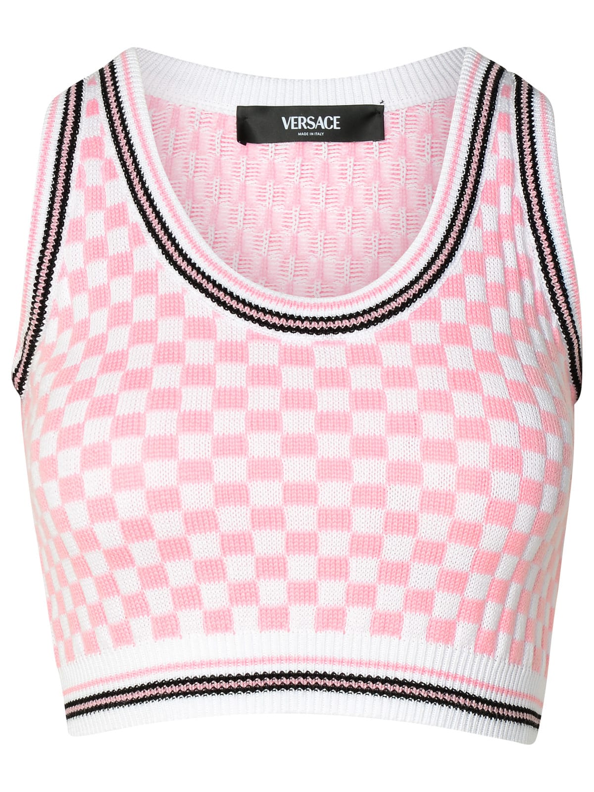 Shop Versace Crop Top In Pink Virgin Wool Blend