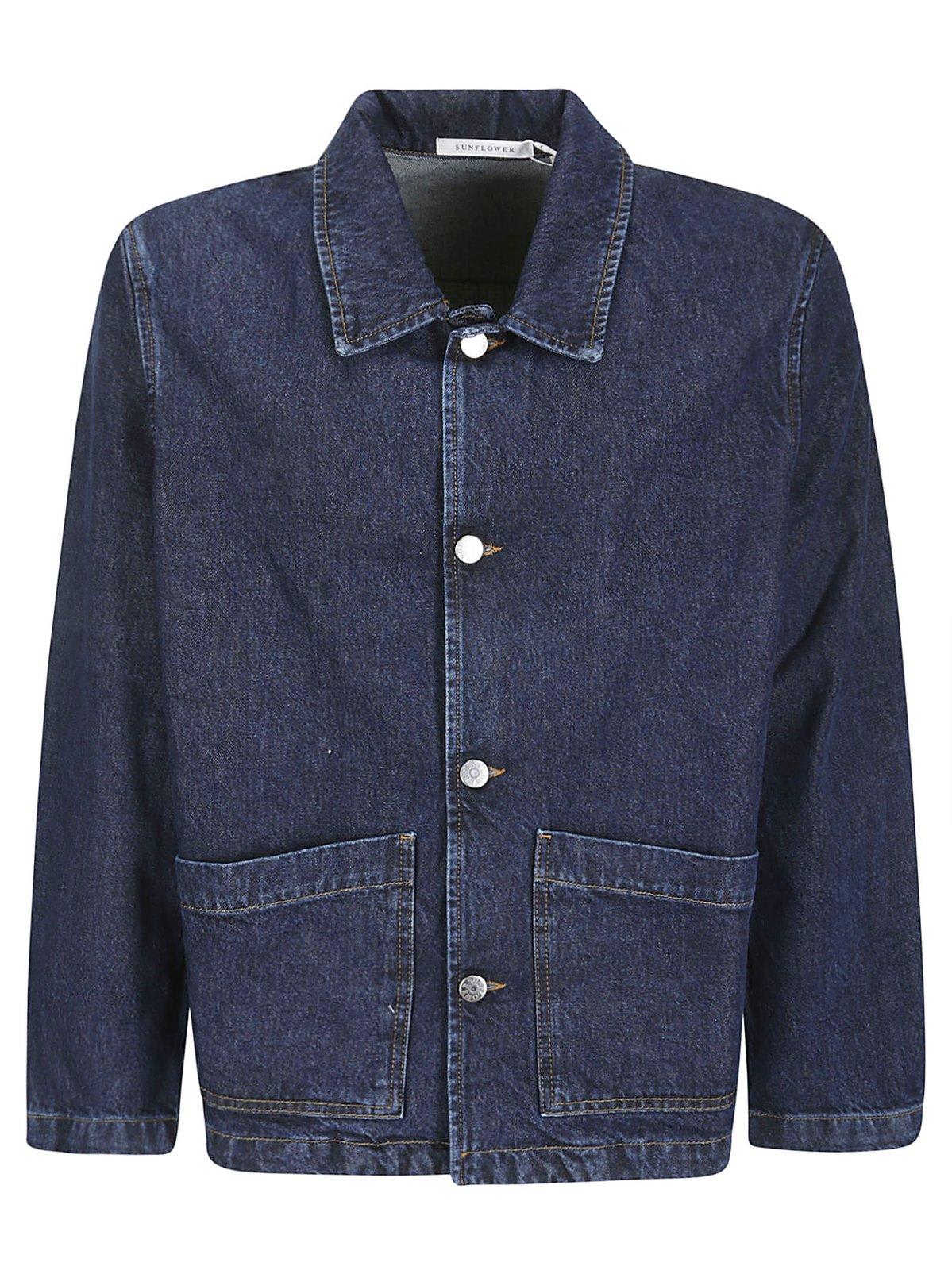 Shop Sunflower Spread Collared Buttoned Denim Jacket In Blue