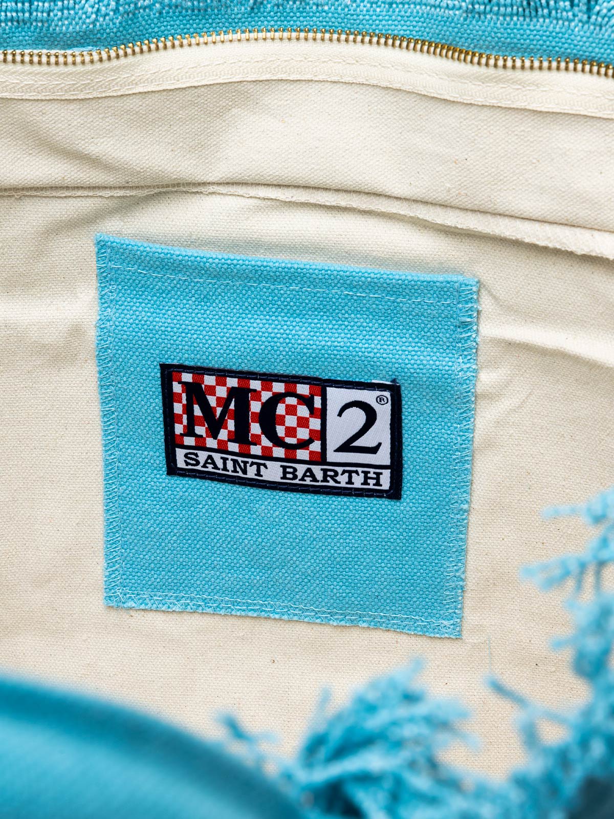 Mc2 Saint Barth Light Blue Cotton Canvas Vanity Tote Bag With Logo Patch In Sky