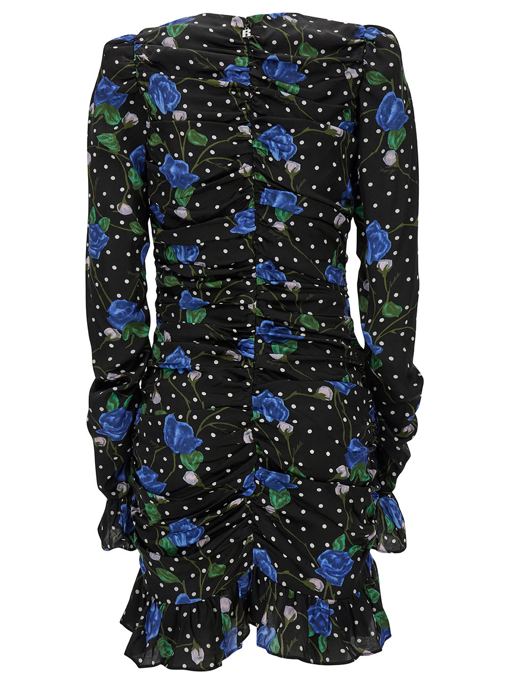 Shop Rotate Birger Christensen Mini Black Dress With Cut-out And Polka-dots And Rose Print In Viscose Woman In Blu