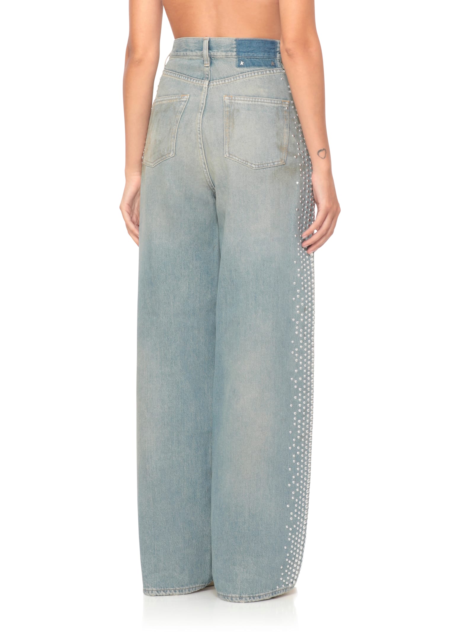 Golden Goose Distressed Boyfriend Fit Trousers With Studded Detailing In Blue