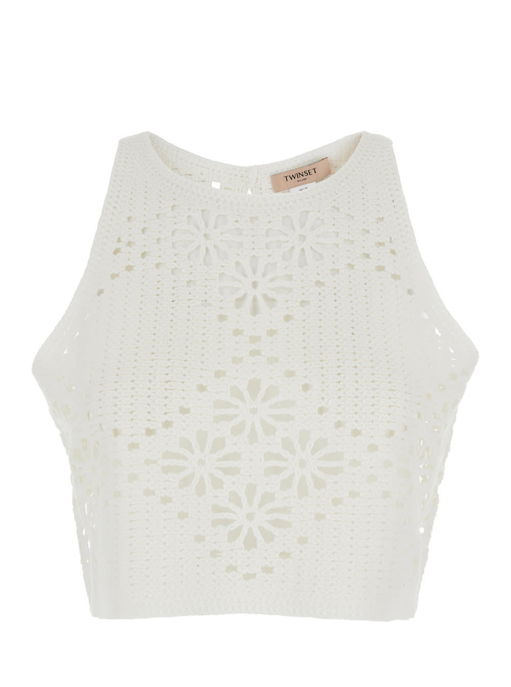 Twinset White Sleeveless Crochet Cropped Top With Logo Plaque On The Rear