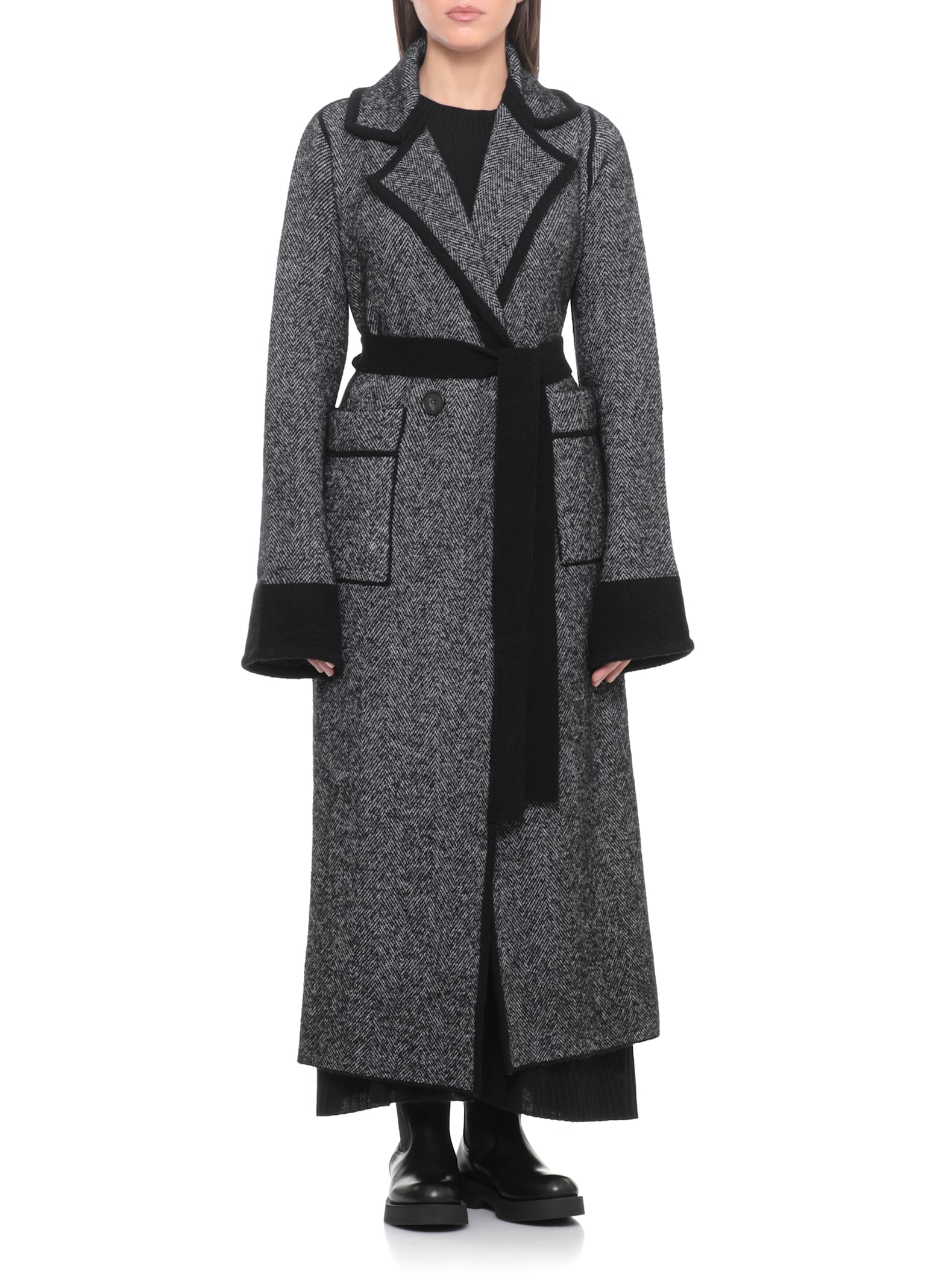 D Exterior Wool Double-breasted Coat In Black