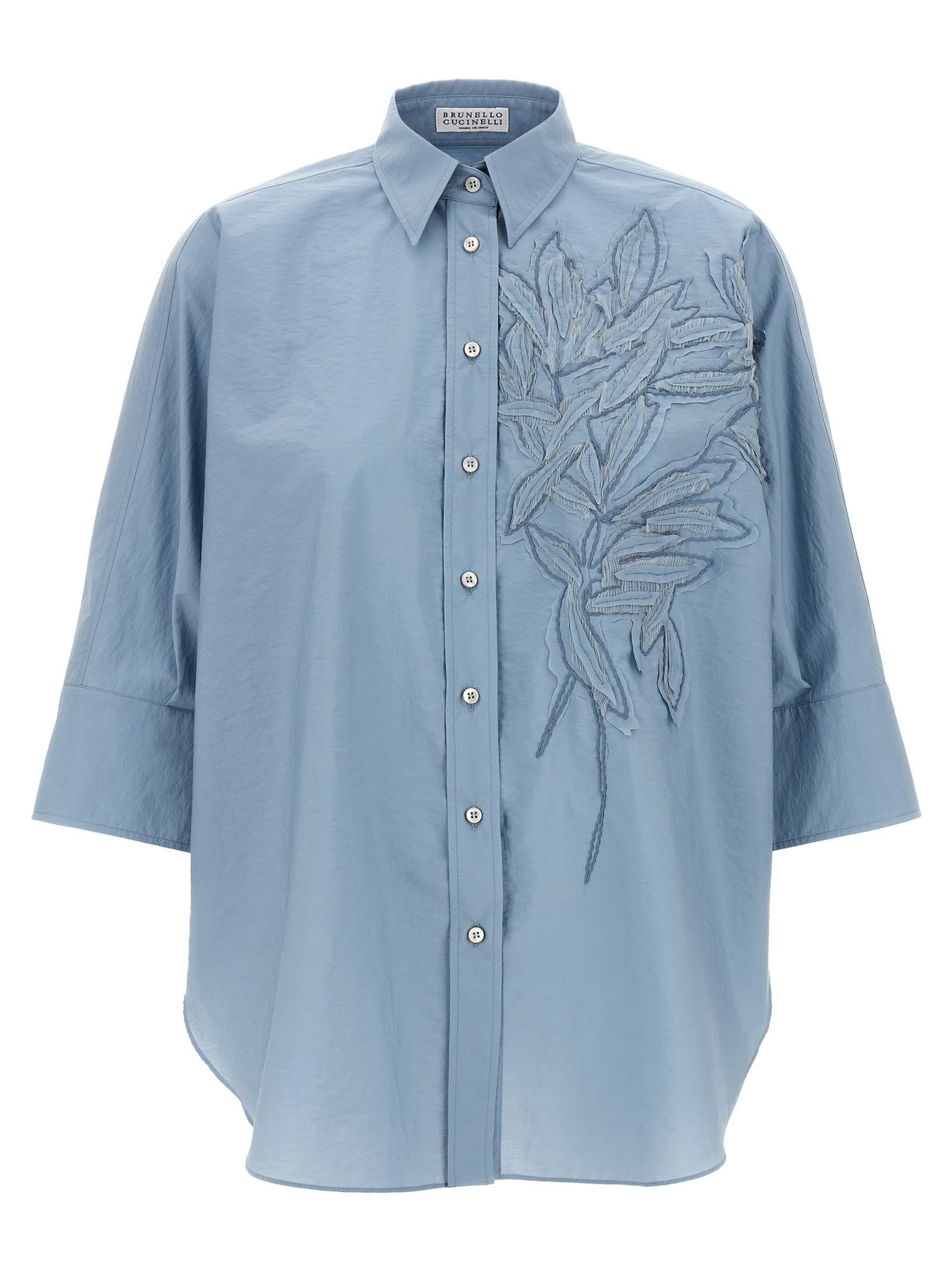 Brunello Cucinelli Intarsia Shirt With Embroidered Inlaid Detail In Light Blue