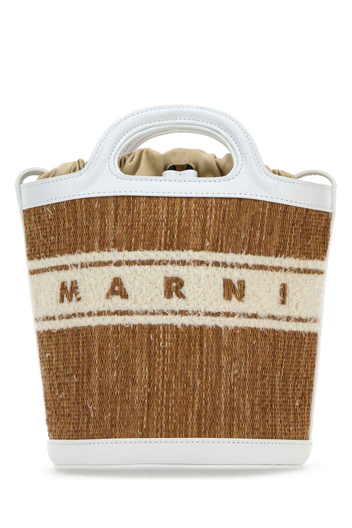 Marni Women Two-tone Raffia And Leather Tropicalia Bucket Bag In Ecruwhite
