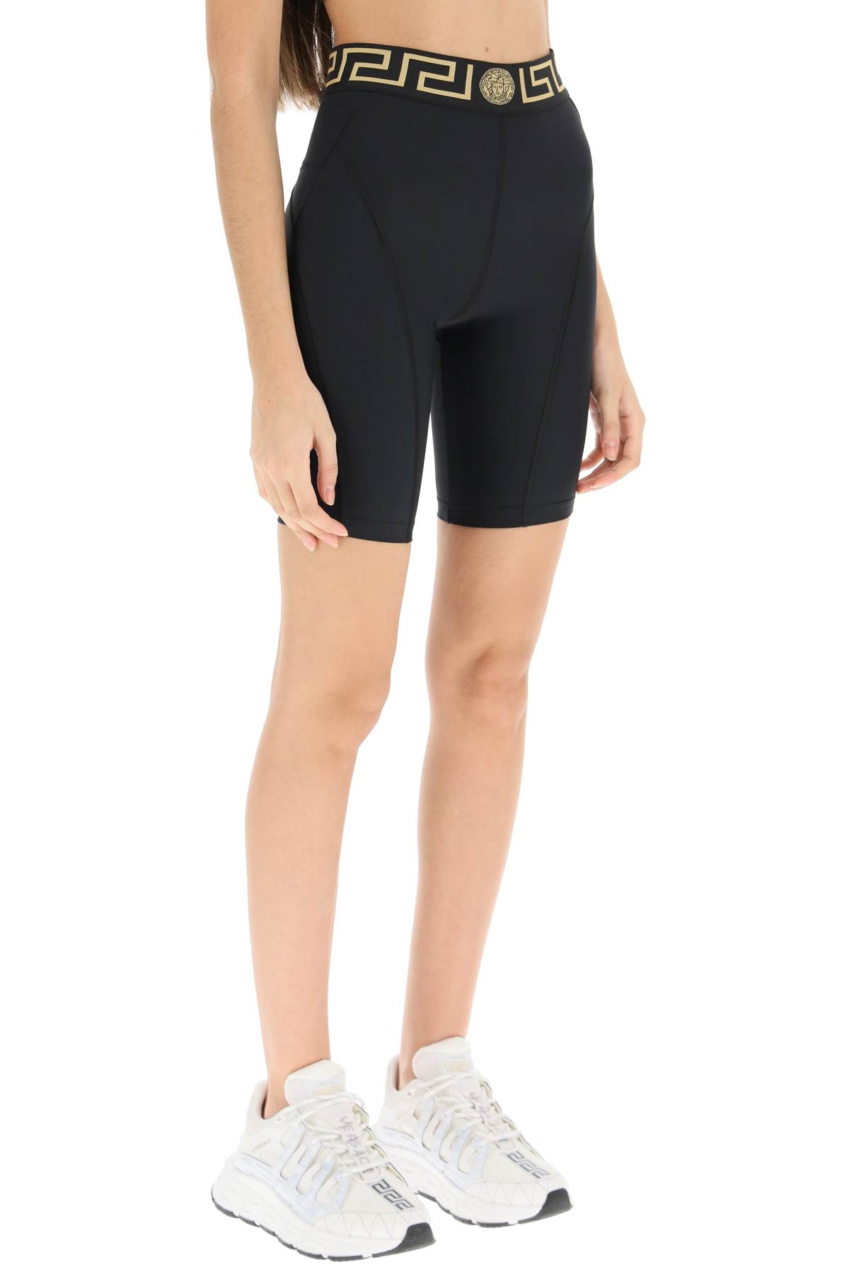 Shop Versace Biker Shorts With Greca Motif In Black