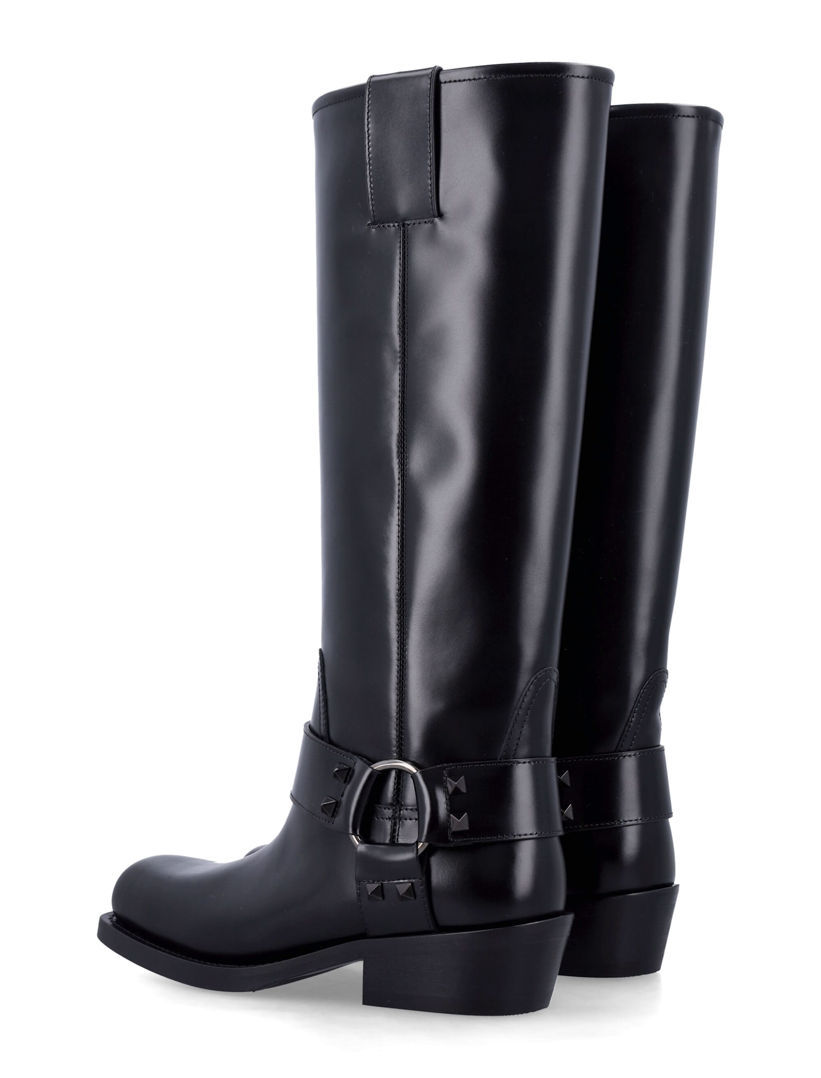 Valentino Rockstud Biker Knee-high Leather Boots In Black