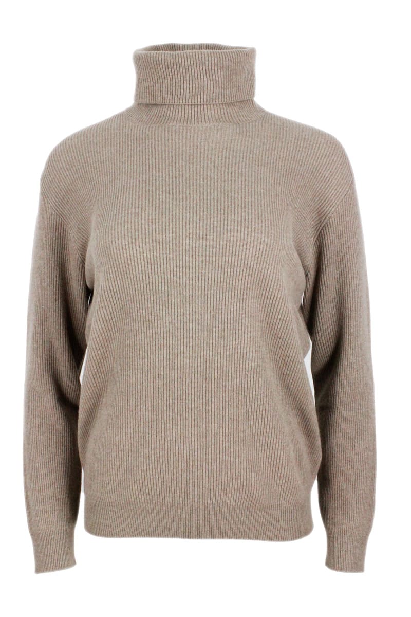 Brunello Cucinelli High Neck Sweater In Soft And Pure Cashmere Half English Rib With Monili Detail On The Neck In The Back