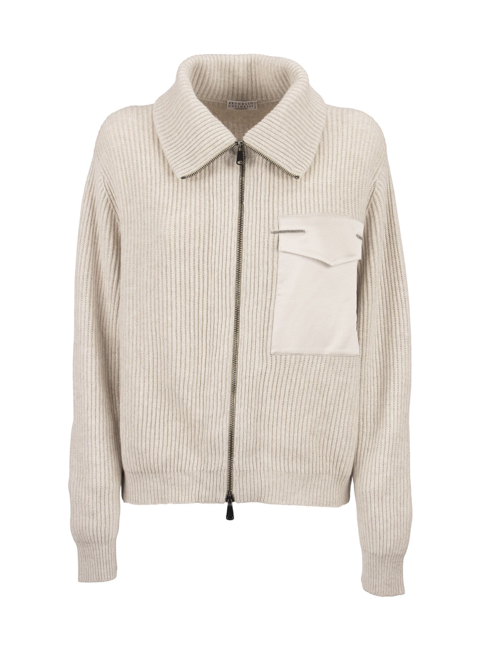 Brunello Cucinelli English Ribbed Cashmere Cardigan With Monili And Front Pocket