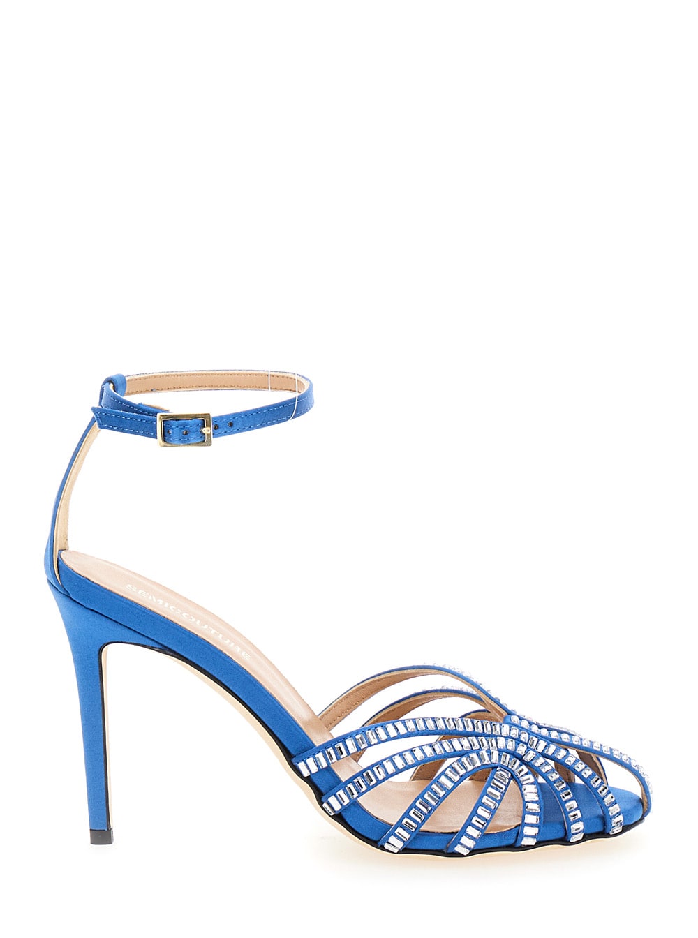 Shop Semicouture Light Blue Sandals With Baguette Rhinestones In Satin Woman