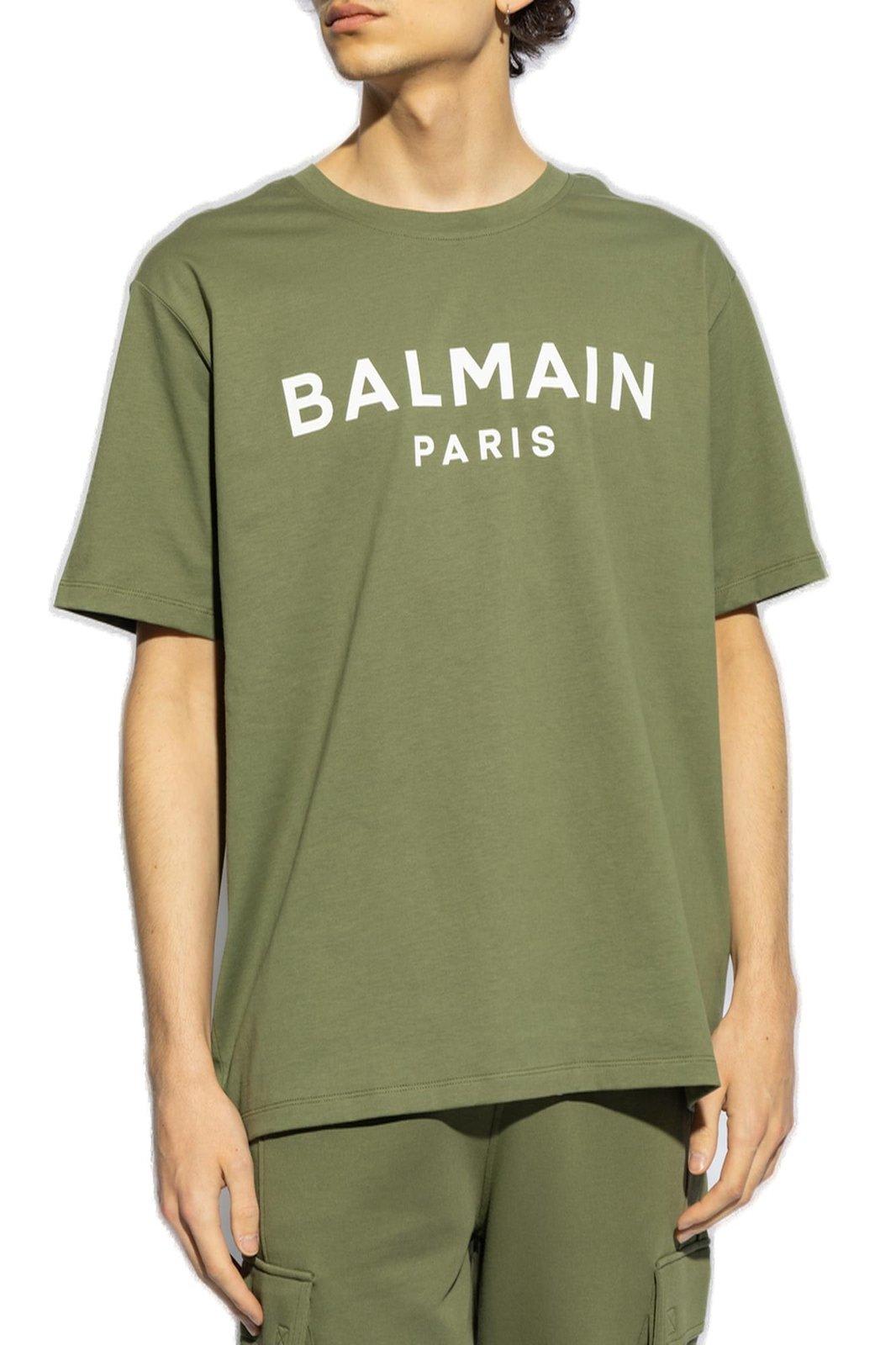 Shop Balmain Logo Printed Crewneck T-shirt In Kaki/blanc
