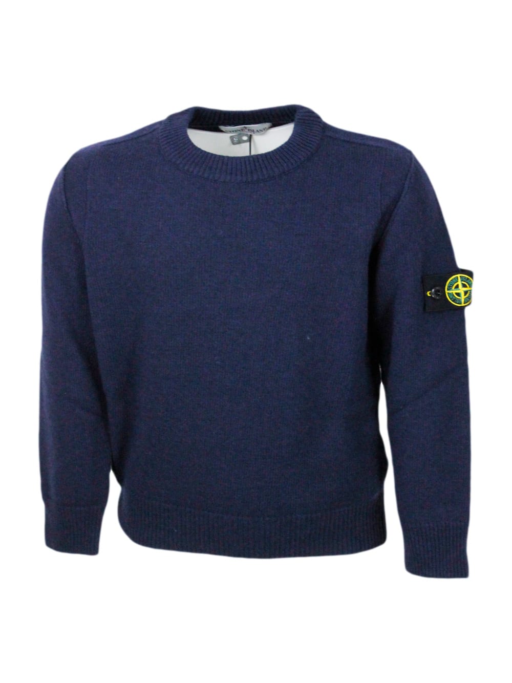 Shop Stone Island Long-sleeved Crew-neck Sweater In Wool Blend With Badge On The Left Sleeve In Blu