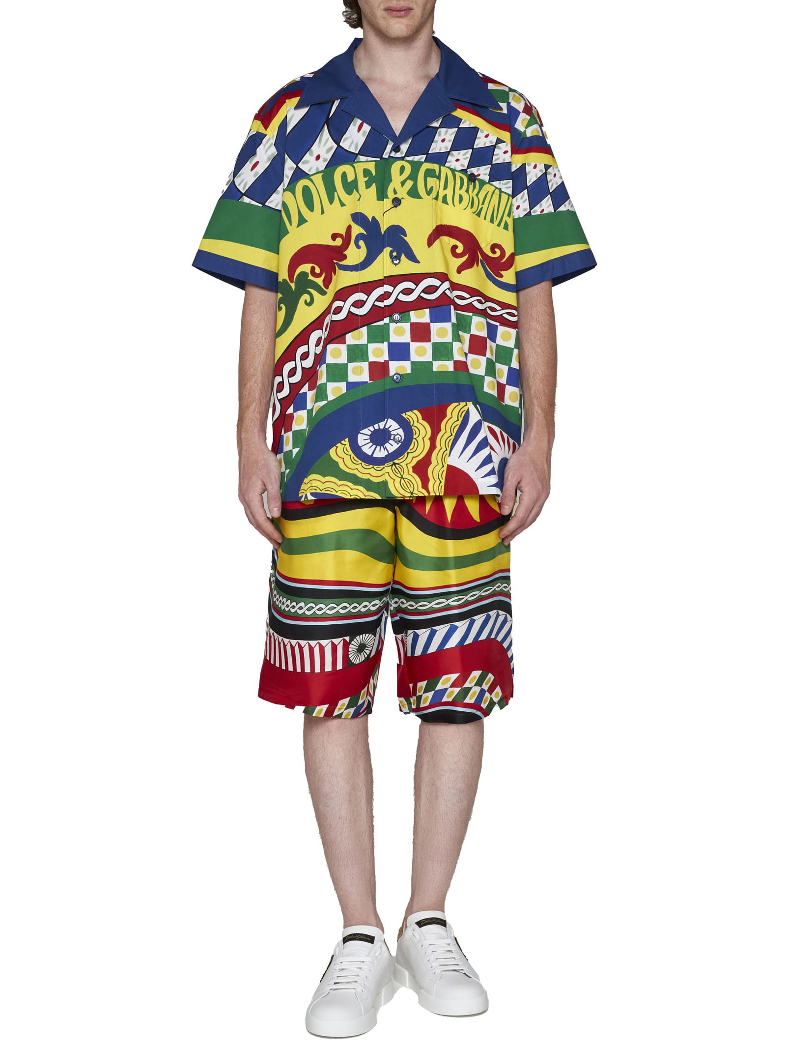 Dolce & Gabbana Multicolor Shorts With All-over Carretto Print In Carretto