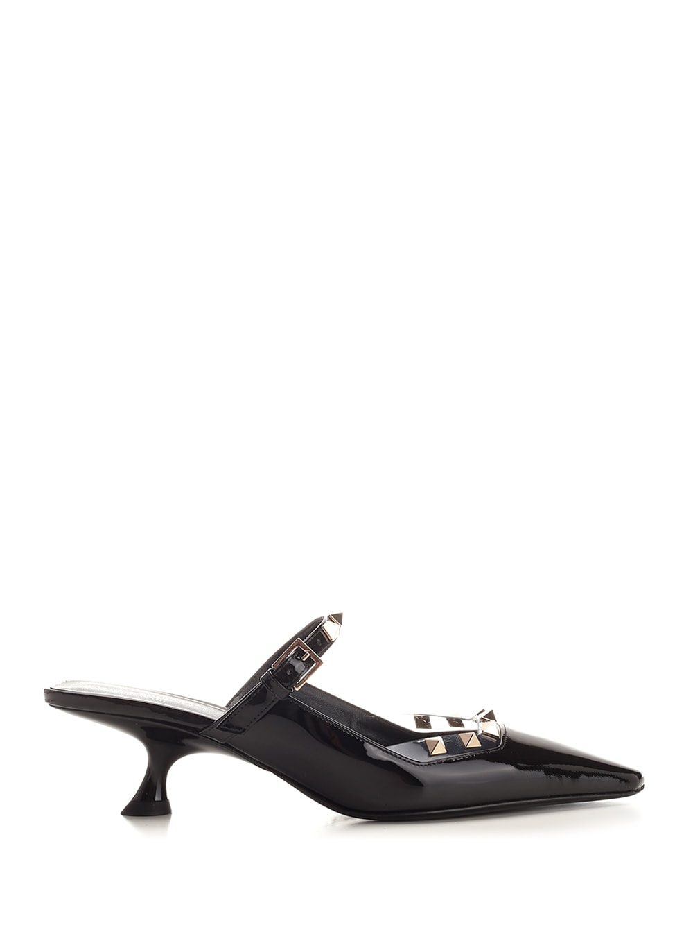 Valentino Rockstud Asymmetric Patent-leather Mules In Black