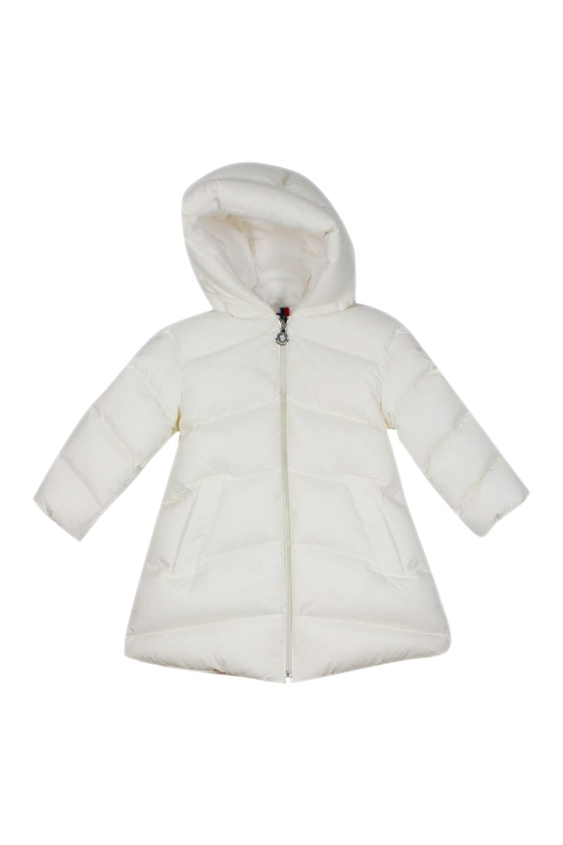 Shop Moncler Long Down Jacket Pesha In Real Goose Down With Hood And Elastic Waistband In White