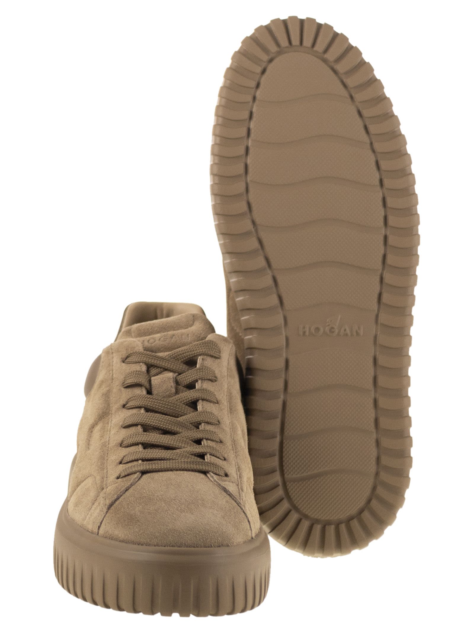 Hogan H Stripes Allacciato H Sneakers With Suede Upper And Rubber Sole In Brown