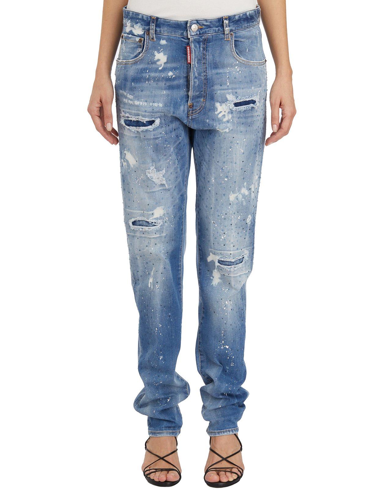 Embellished Distressed High-waist Jeans
