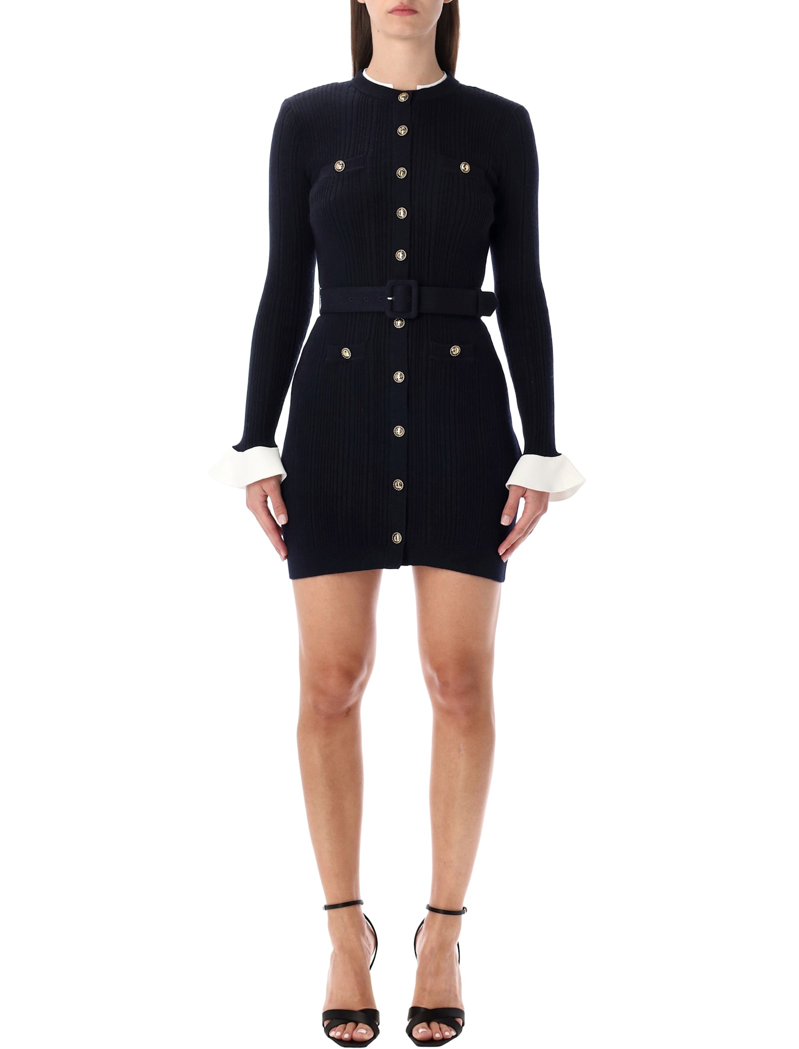 Self-portrait Navy Knit Mini Dress With Gold Buttons In Black