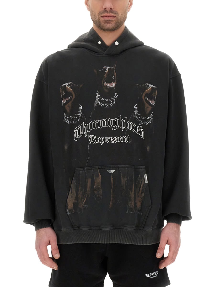 Represent Vintage Black Hoodie With Doberman Graphic And Classic Features In Black