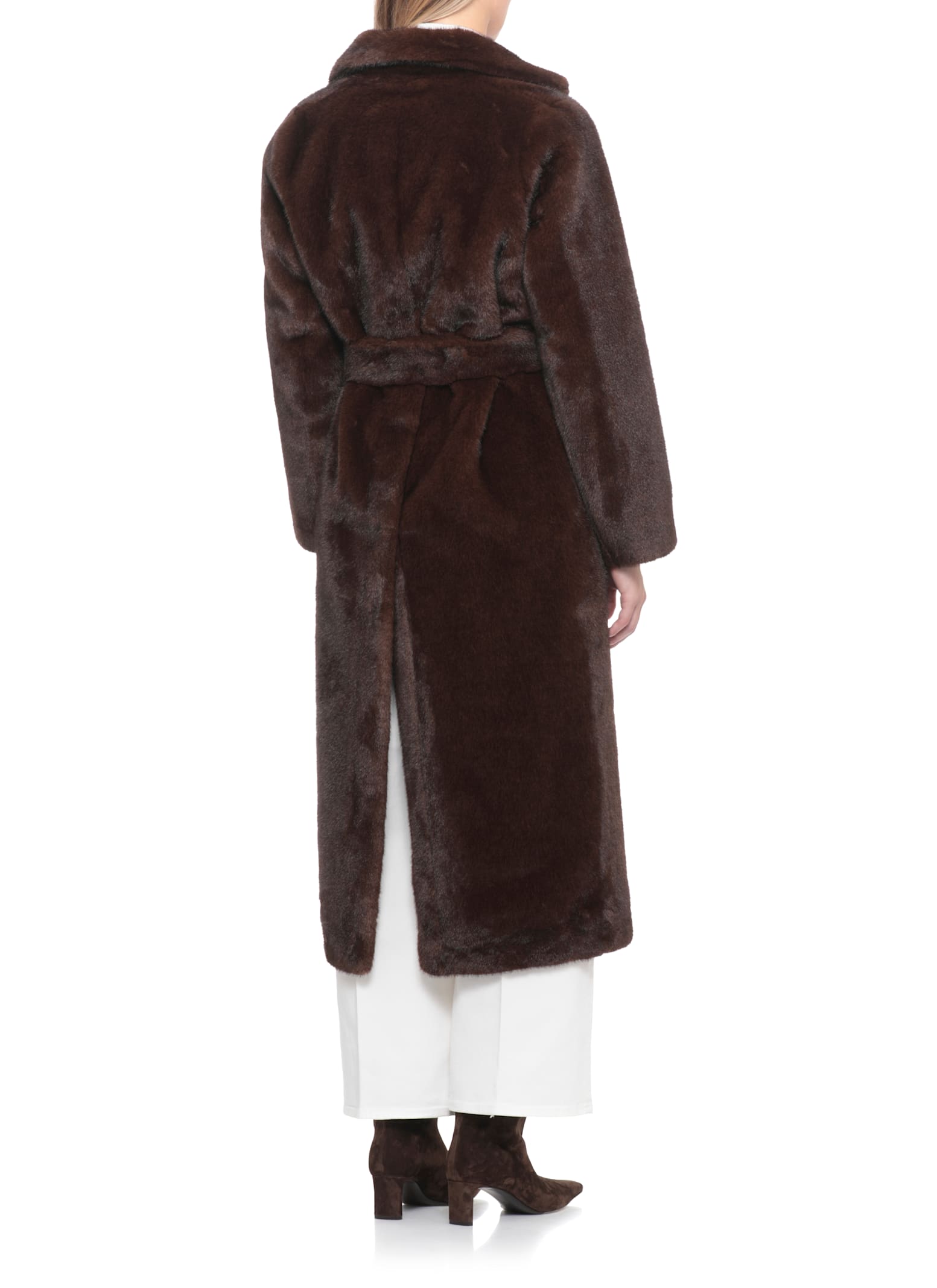 Valentini 1972 Brown Coat With Waist Belt In Faux Fur Woman In Brown