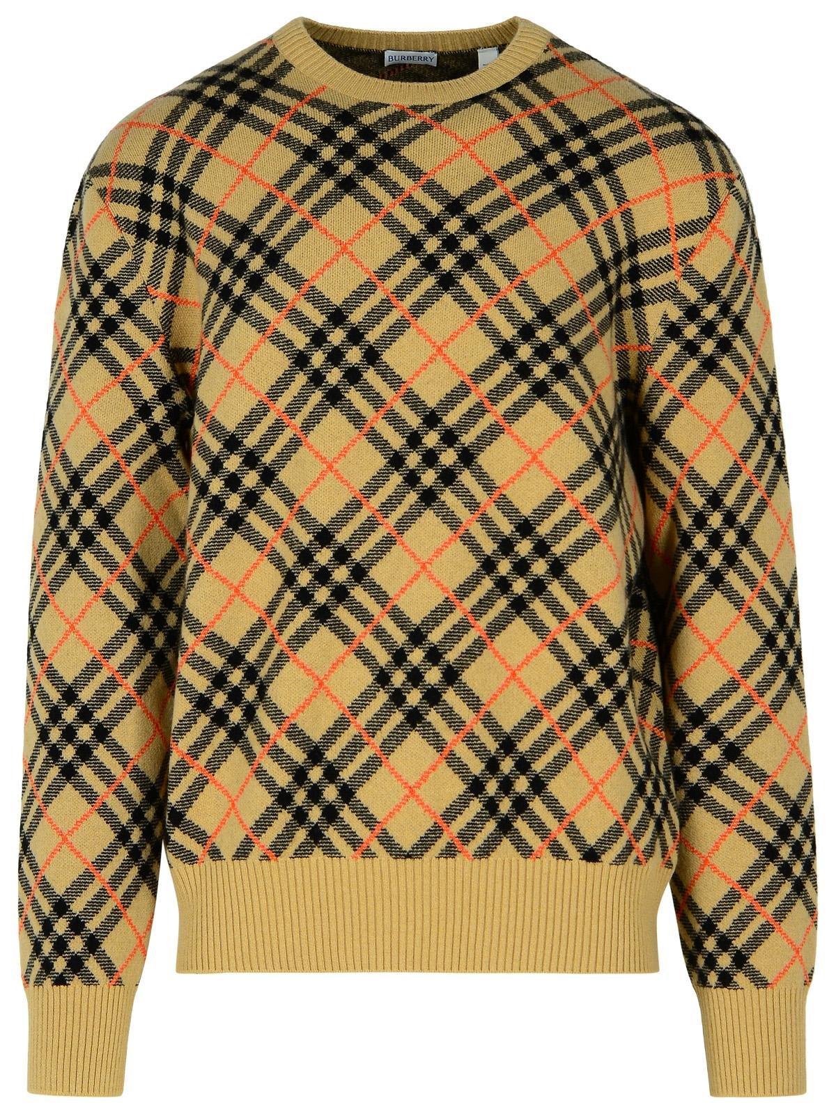 Shop Burberry Checked Knitted Crewneck Jumper In Beige