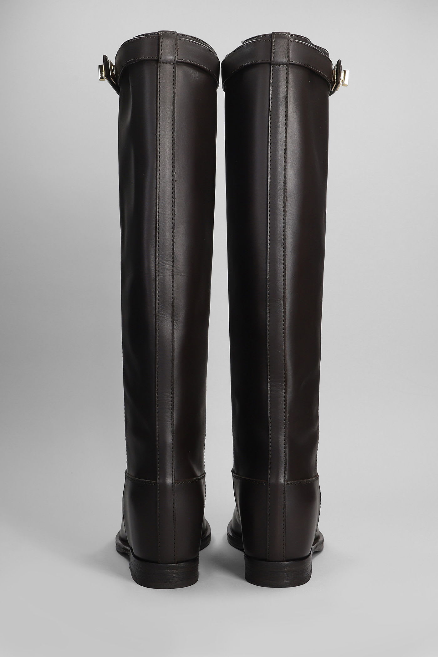 Via Roma 15 Tall Leather Boots With Decorative Strap In Brown