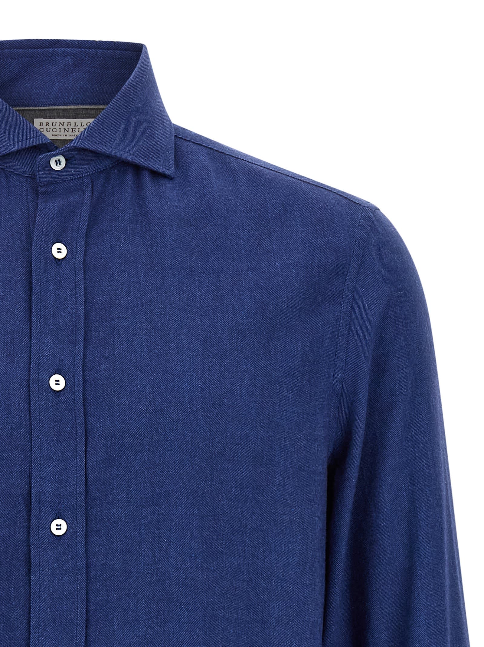 Brunello Cucinelli Tailored Herringbone Shirt Collar Button-down In Blue