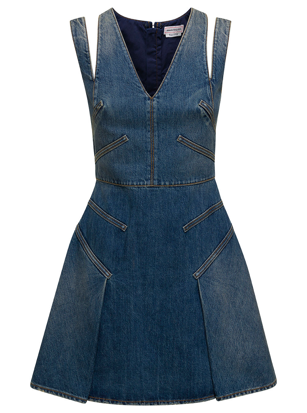 Alexander McQueen Blue Mini Dress With Cut-out Detail And Pleated Skirt In Cotton Denim Woman