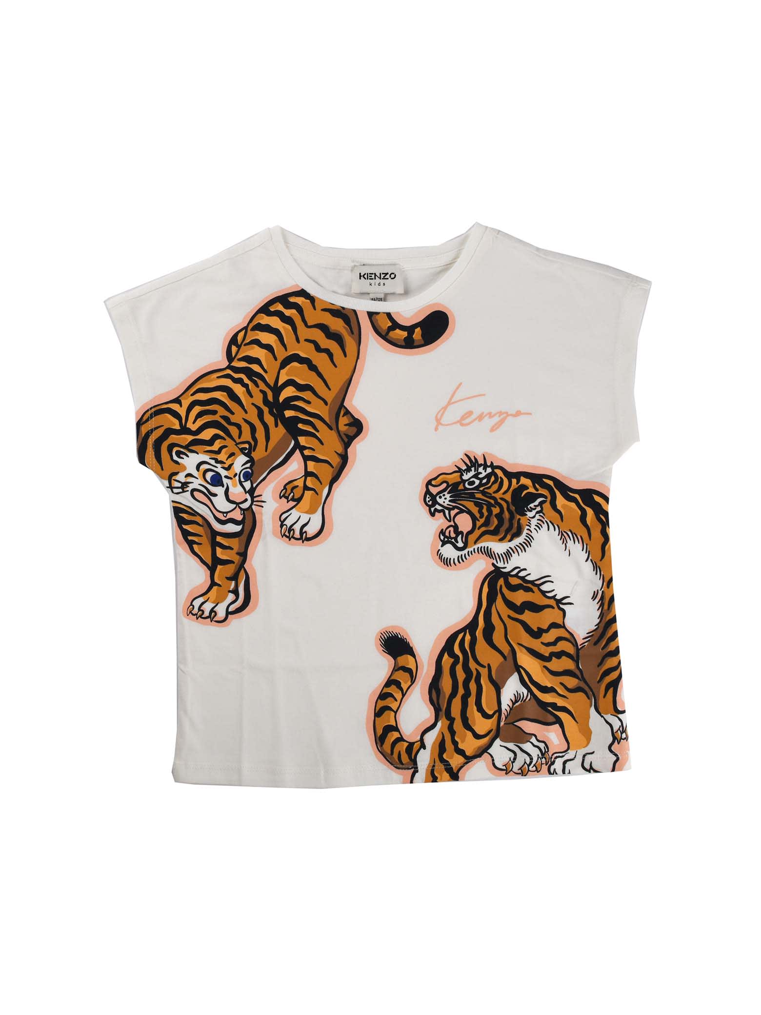 Kenzo Ecru Tiger Print Short Sleeve T-shirt