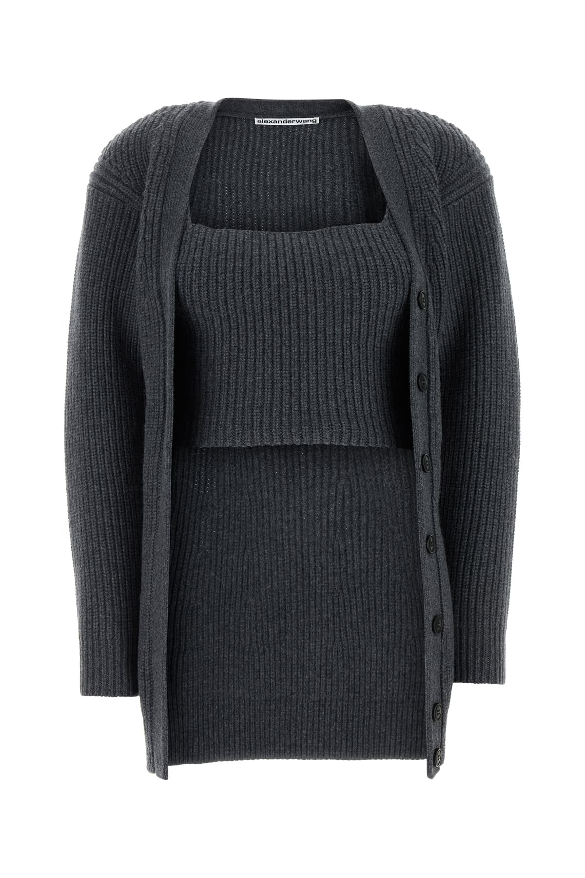 Shop Alexander Wang Ribbed Bilayer V-neck Cardigan With Cami Twinset In Charcoal