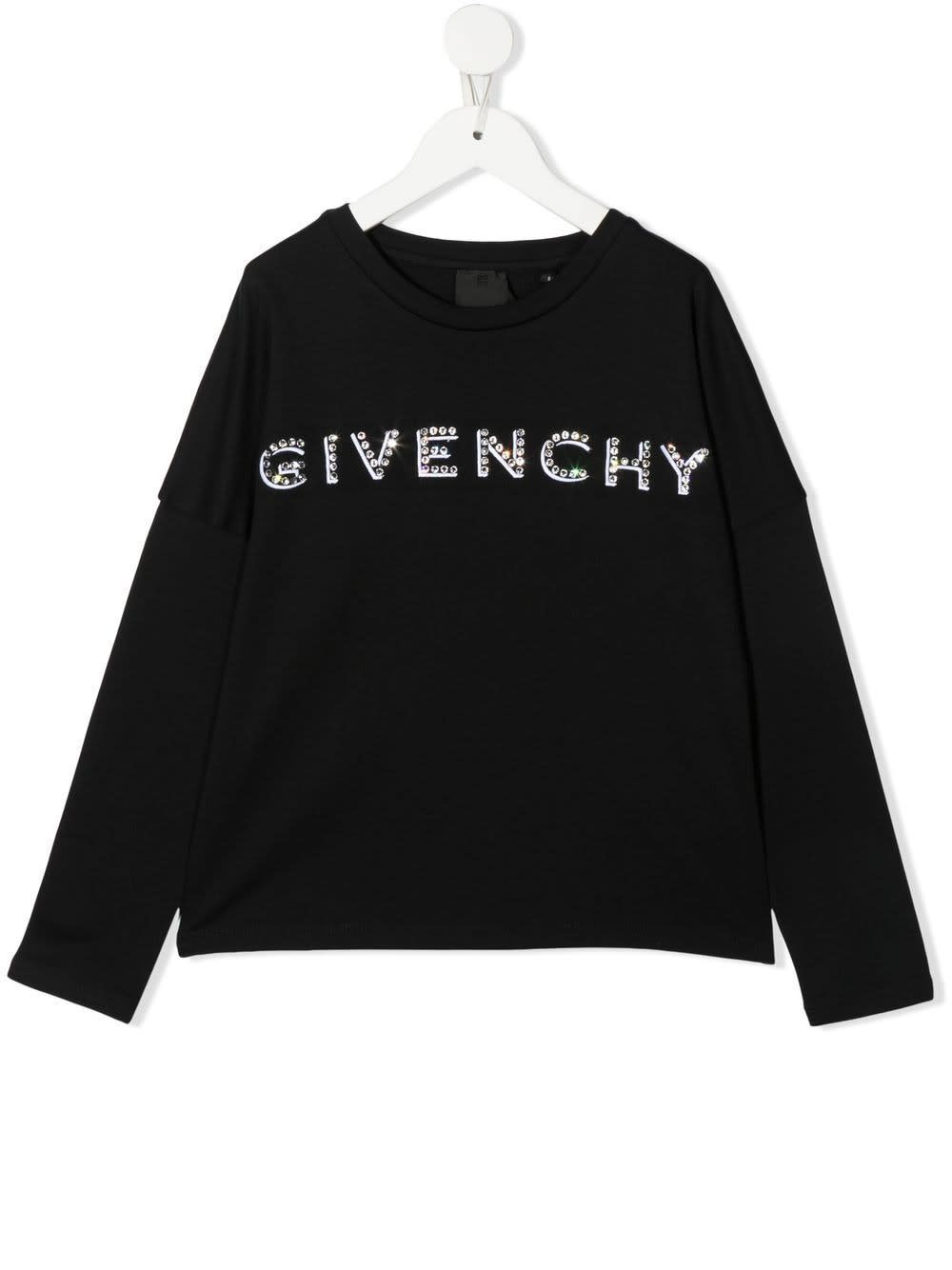 Givenchy Kids Black Long Sleeve T-shirt With Rhinestone Logo