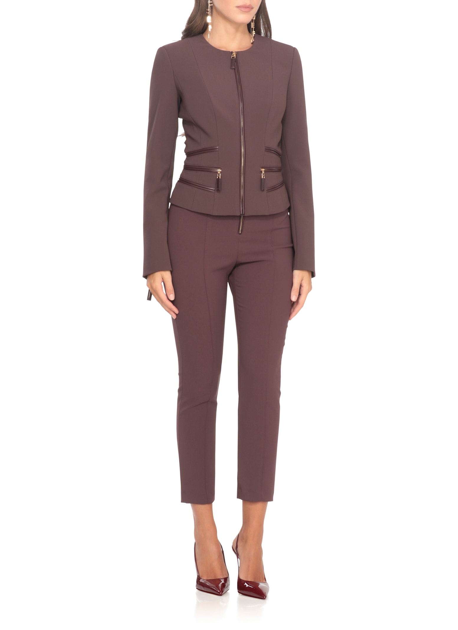 Elisabetta Franchi High Waist Cropped Trousers Pockets In Burgundy