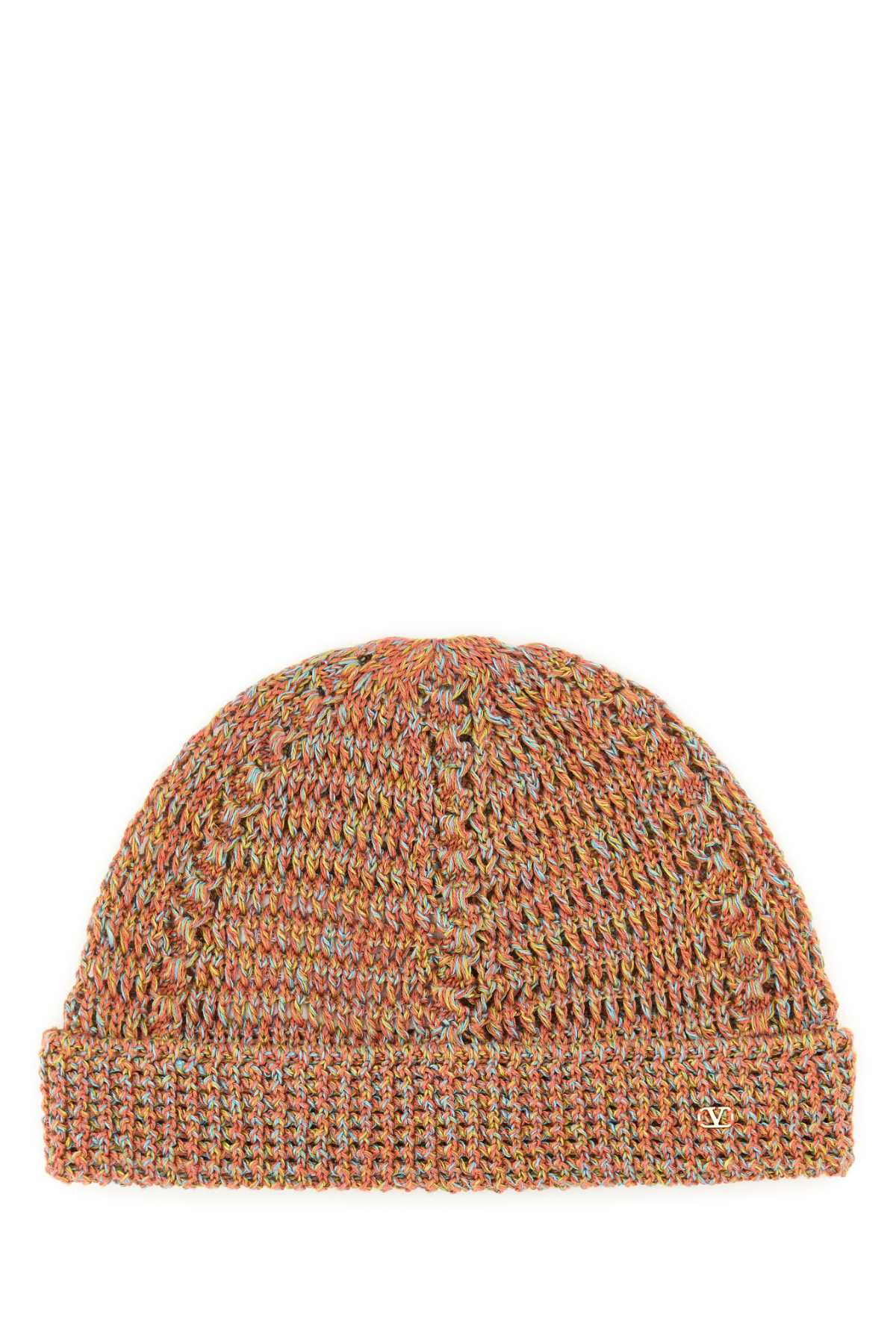 Valentino Multicolor Linen Blend Knitted Vlogo Signature Beanie Hat In Ocramouline