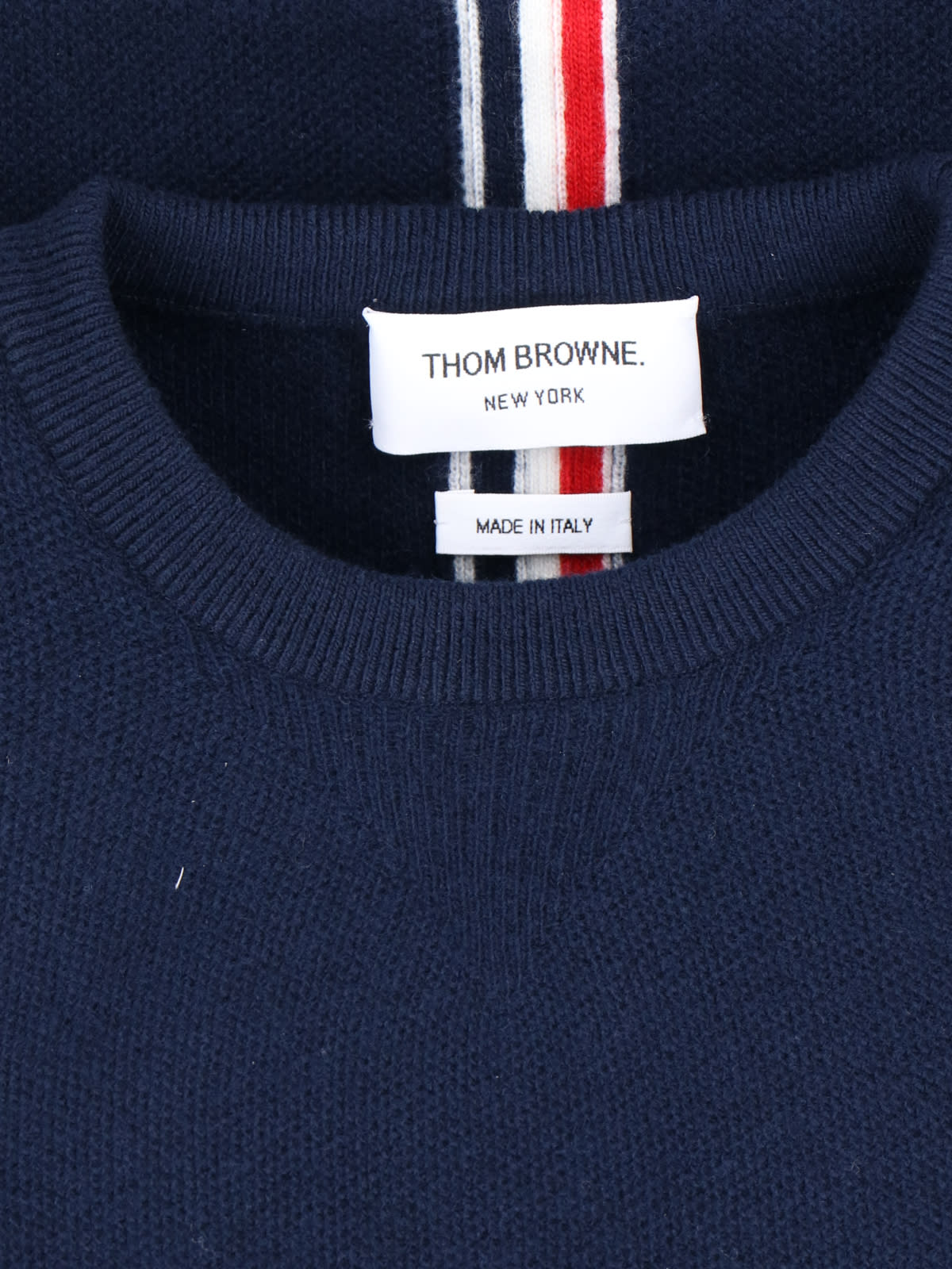 Shop Thom Browne Crewneck Sweater With Tricolor Band In Blue