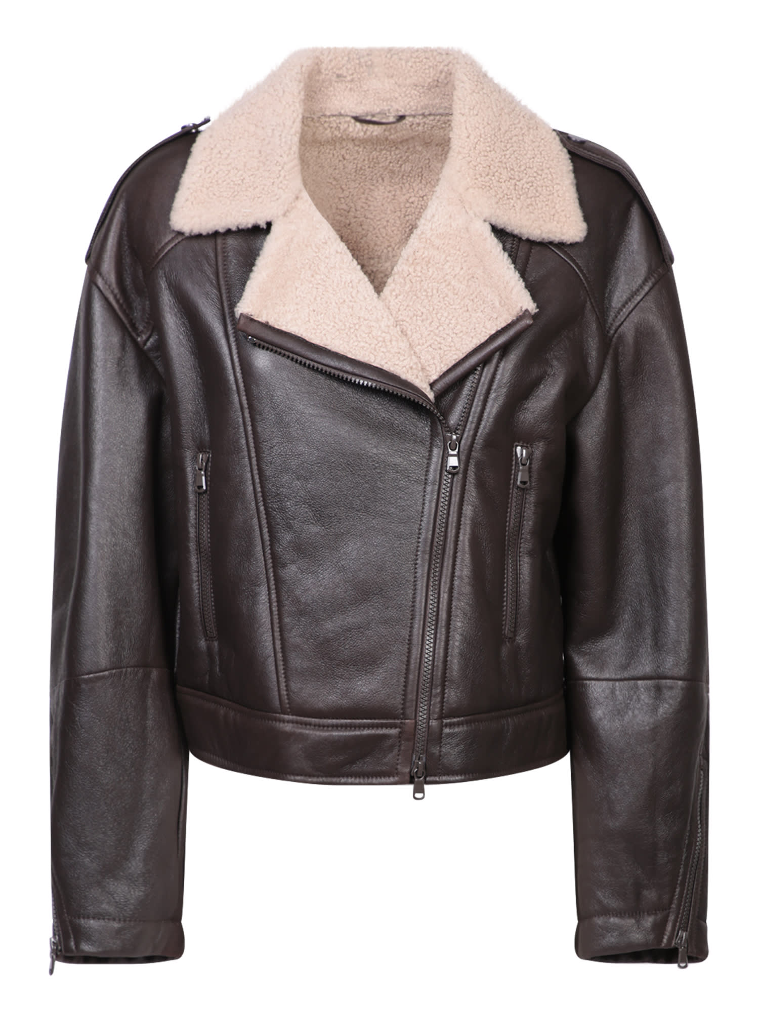 Shearling-collar Cropped Biker Jacket