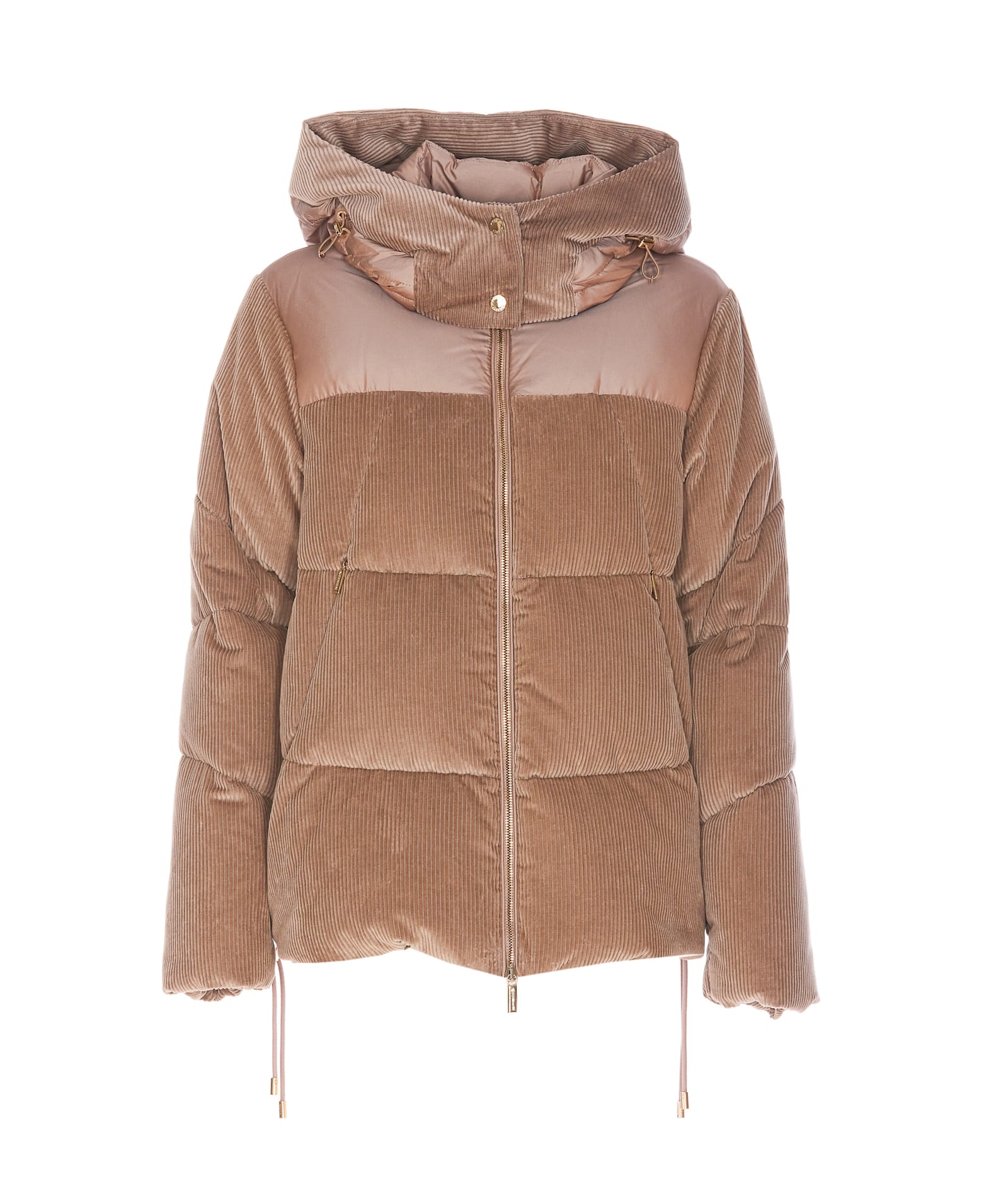 Moorer Quilted Velvet Hooded Jacket With Corduroy Panels In Brown