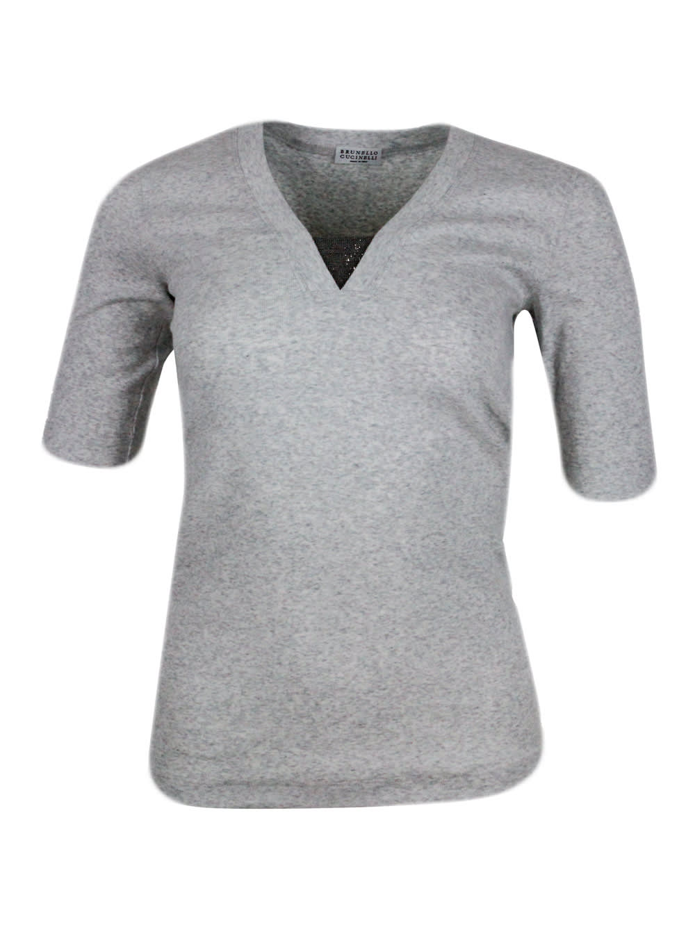 Shop Brunello Cucinelli Long-sleeved V-neck T-shirt In Ribbed Stretch Cotton With Monili Triangle On The Neckline In Grey