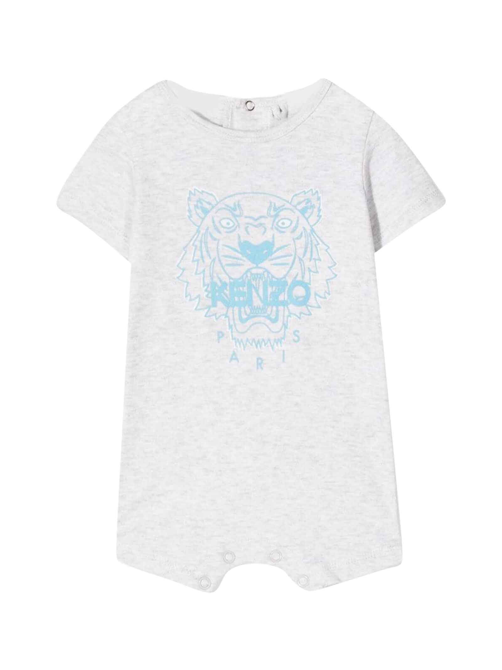 Kenzo Kids Light Gray Newborn Onesie With Light Blue Tiger Print On The Front, Crew Neck, Short Sleeves, Snap Button Closure By.