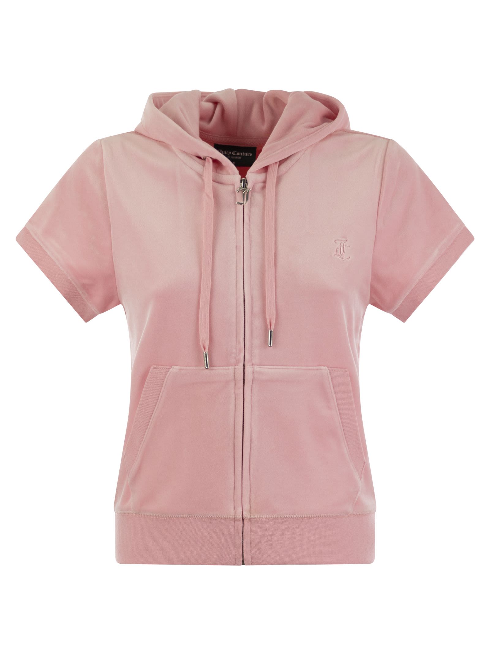 Shop Juicy Couture Short-sleeved Velvet Hoodie In Pink