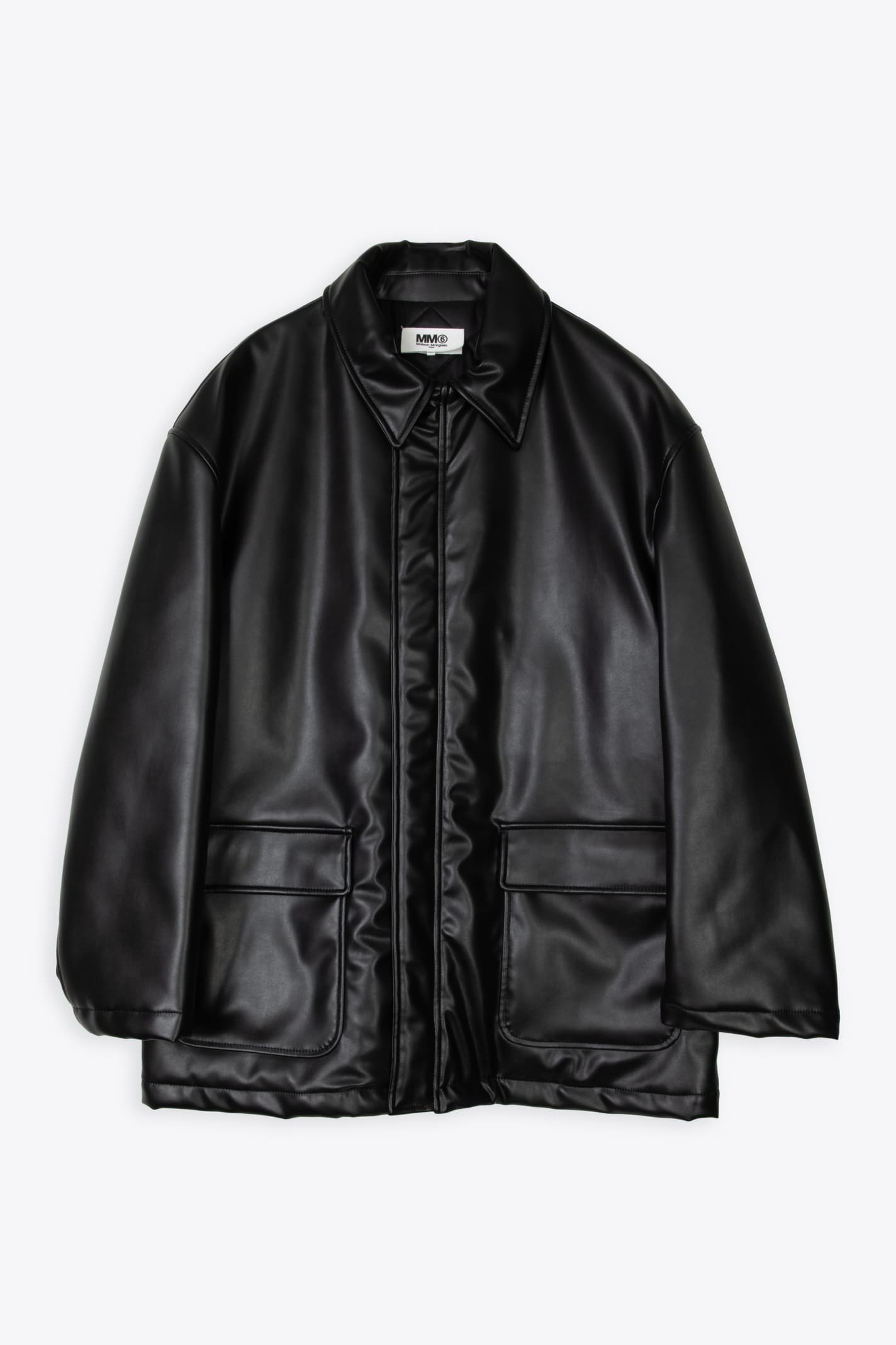 Mm6 Maison Margiela Kaban Black Syntethic Leather Car-coat With Back Logo