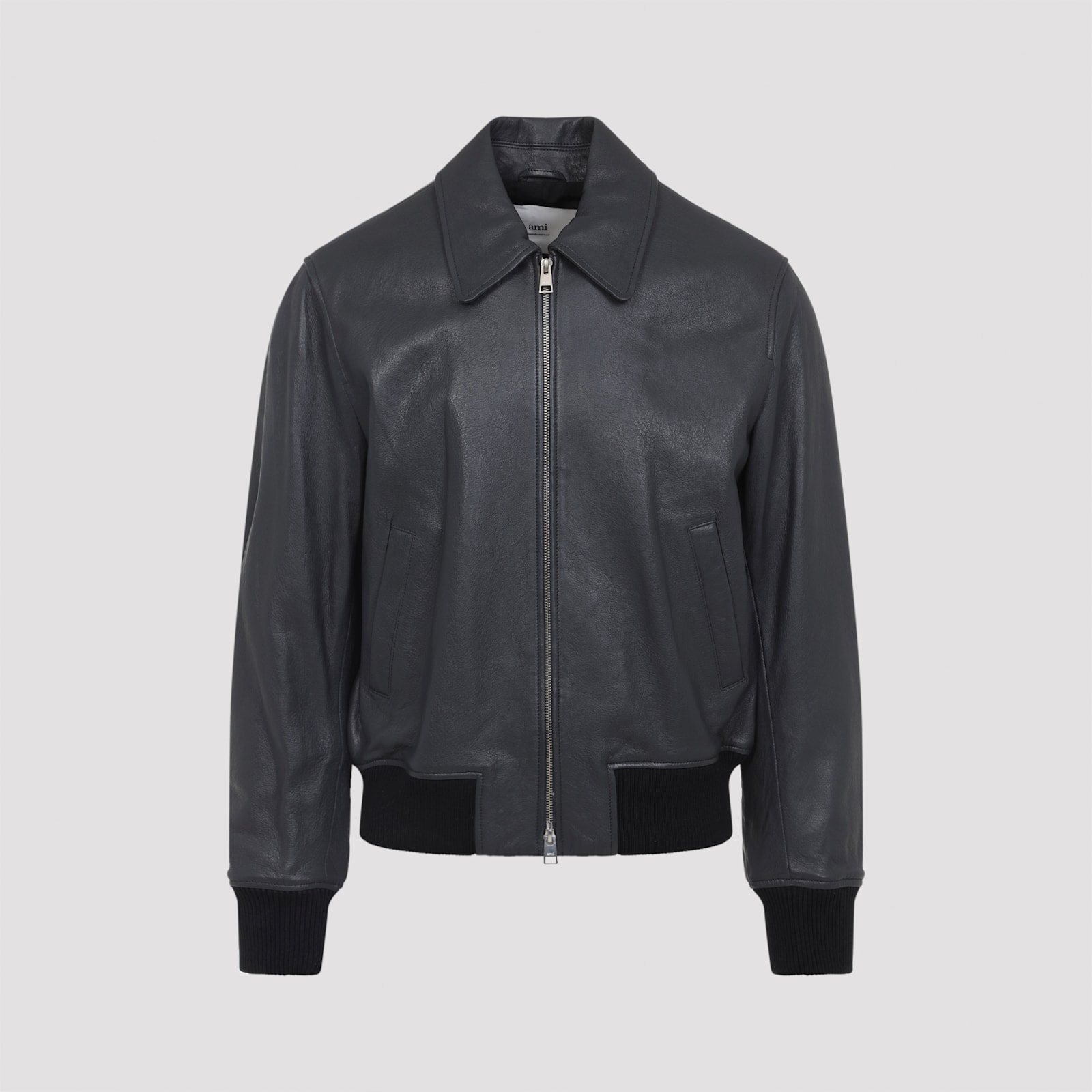 Ami Alexandre Mattiussi Mens Anthracite Regular-fit Spread-collar Leather Jacket In Black