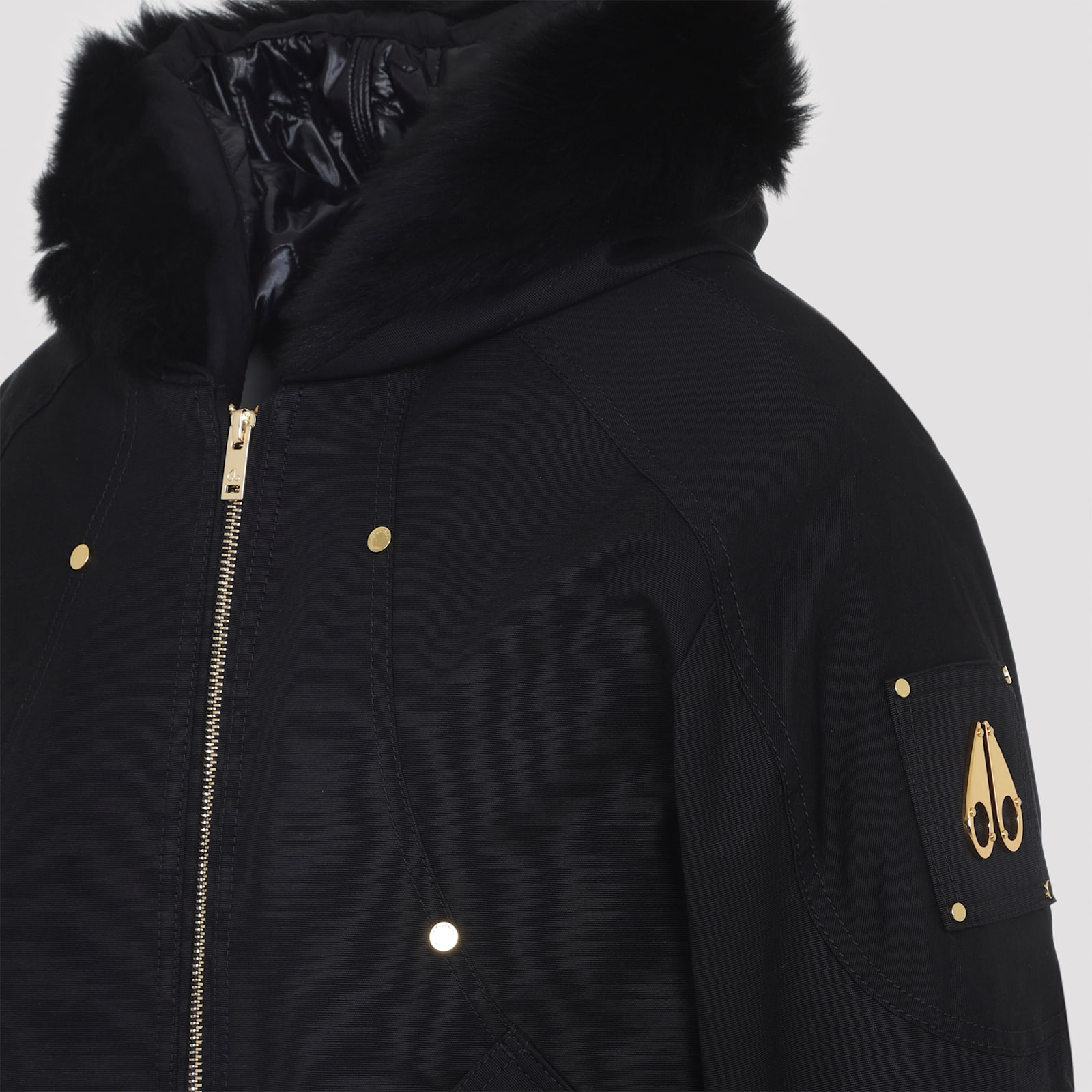 Moose Knuckles Hooded Bomber Jacket Fur Trim In Black