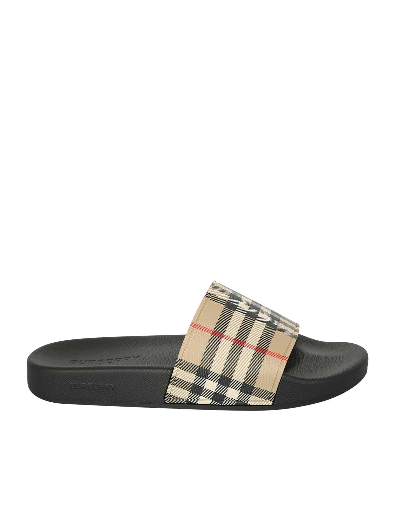 Burberry Contemporary, Cool And Vintage For The Checked Logo. Pool Slides Give A Casual Touch To The Look