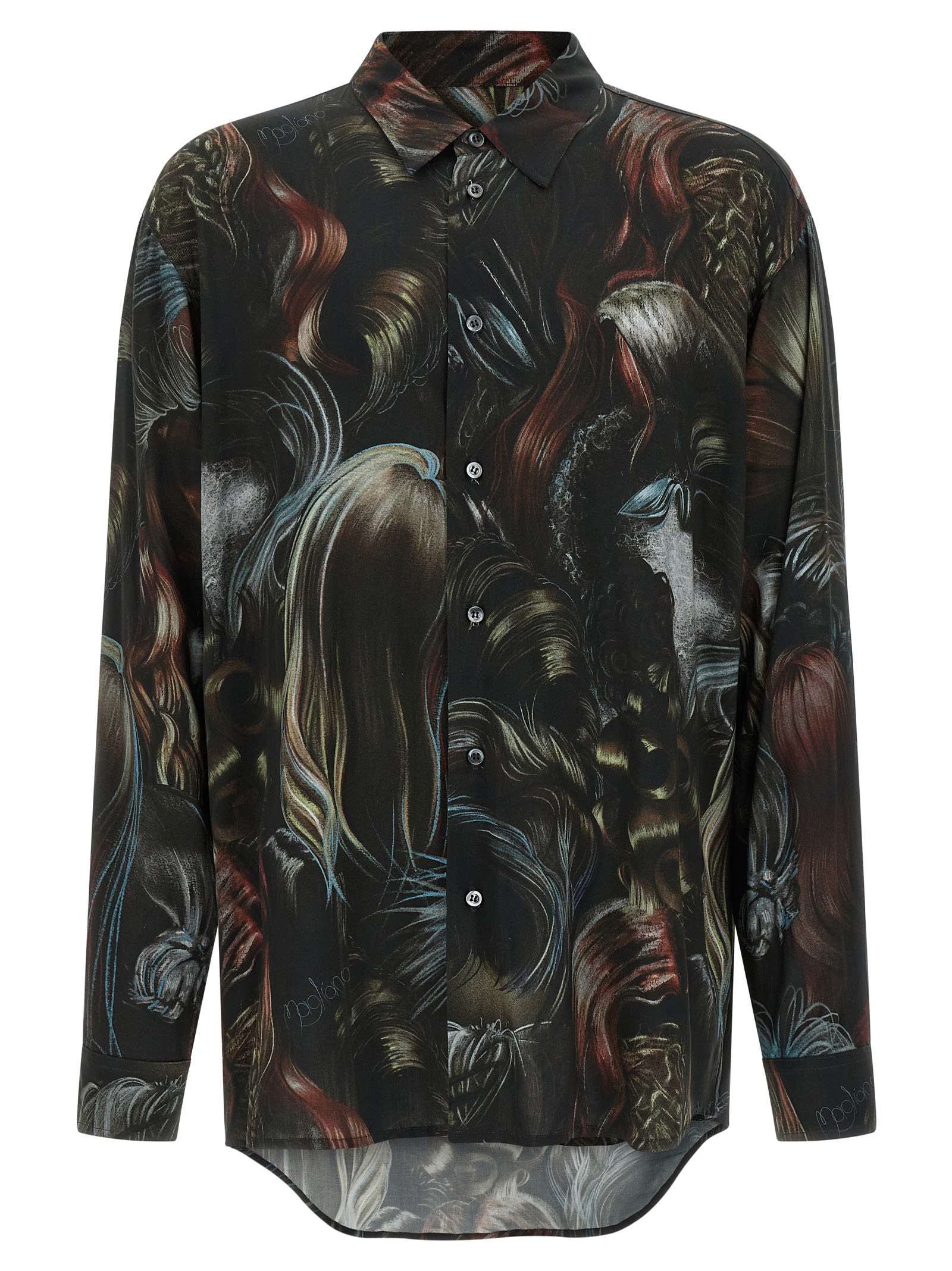 Magliano Wig Motif All-over Print Shirt With Asymmetric Hem In Brown