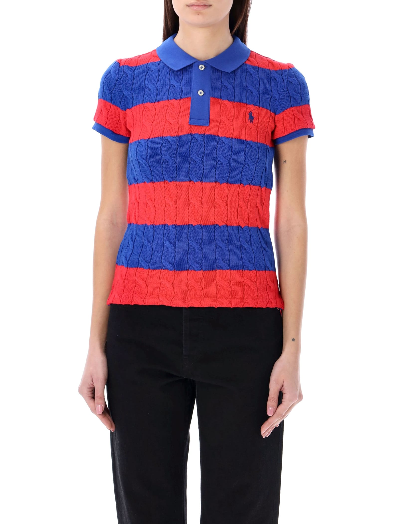 Cotton Cable Knit Striped Polo Shirt