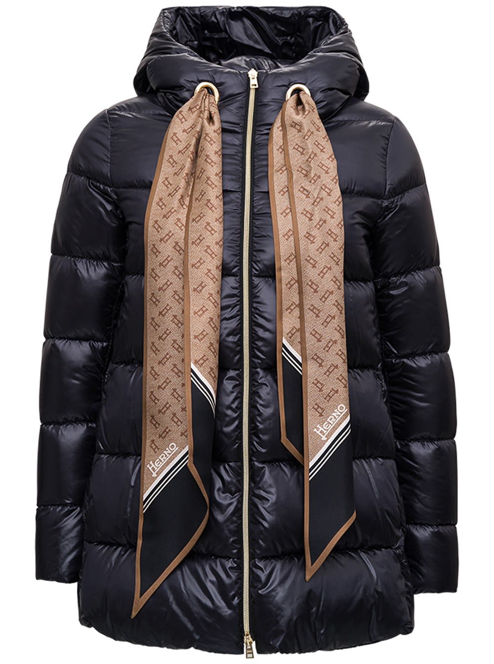 Herno Black Nylon Down Jacket With Scarf Detail