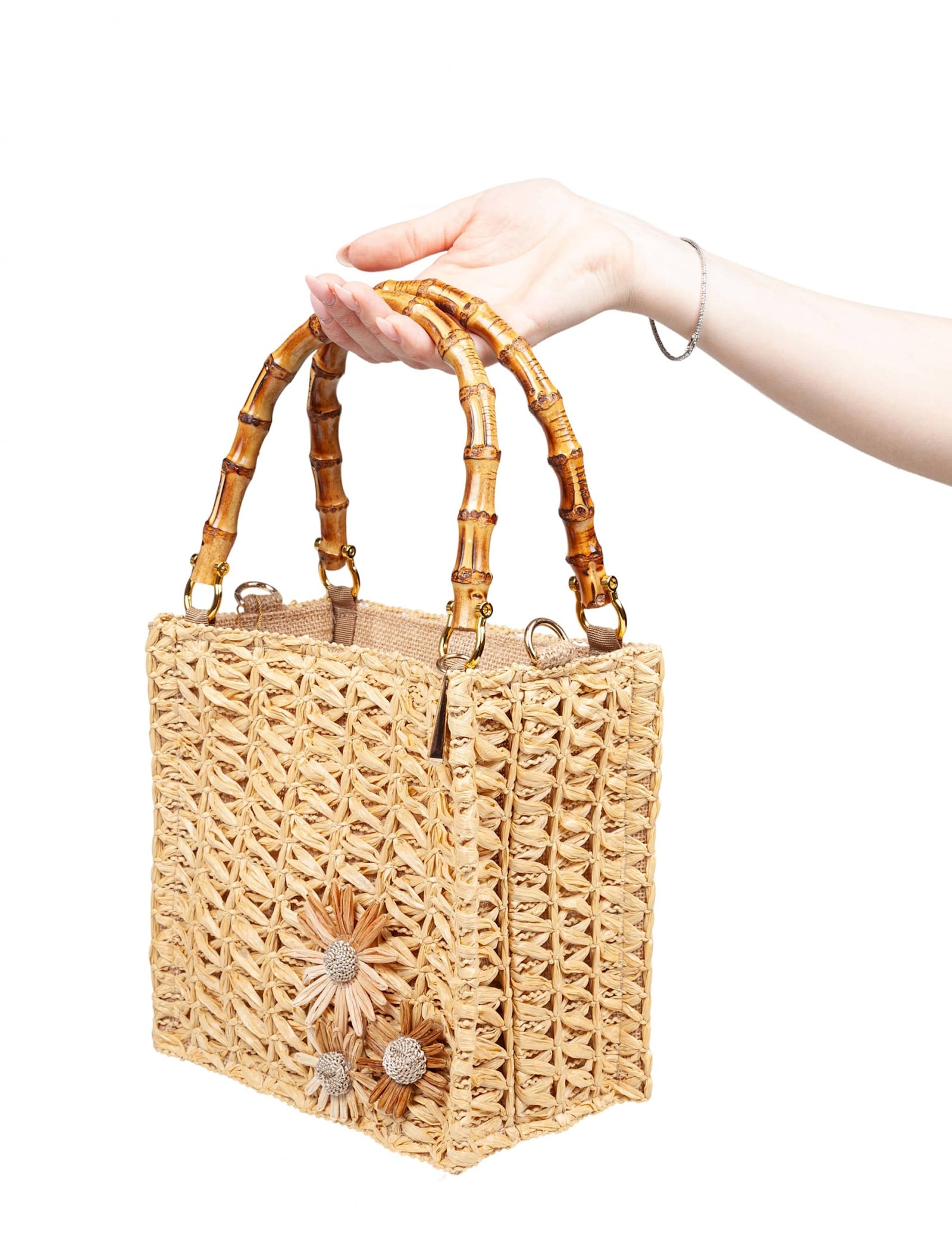 Lamilanesa Camille Small Tote Bag In Straw With Flowers Applied