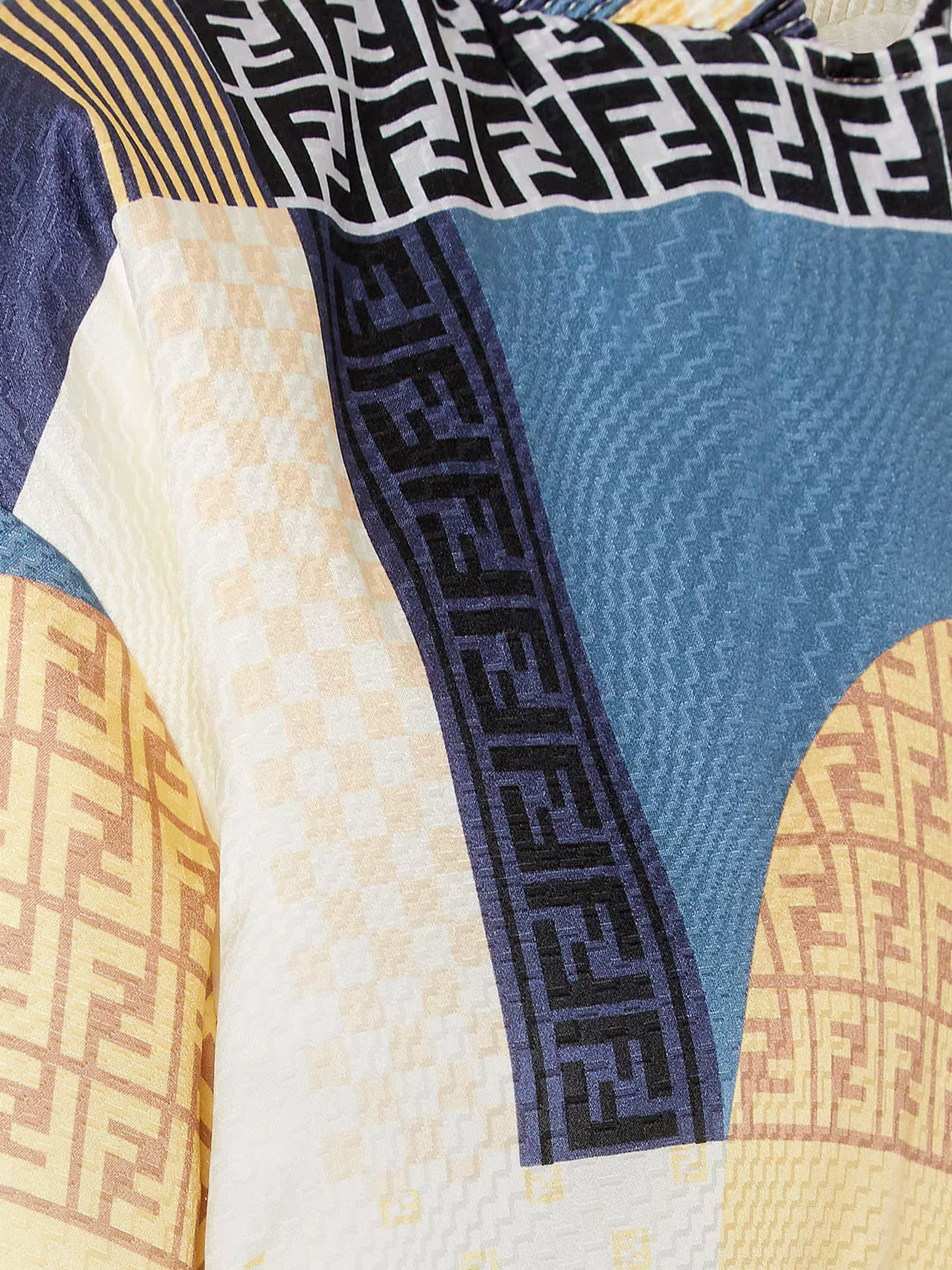 Fendi Blue Silk Reversible Bomber Jacket With Patchwork Print